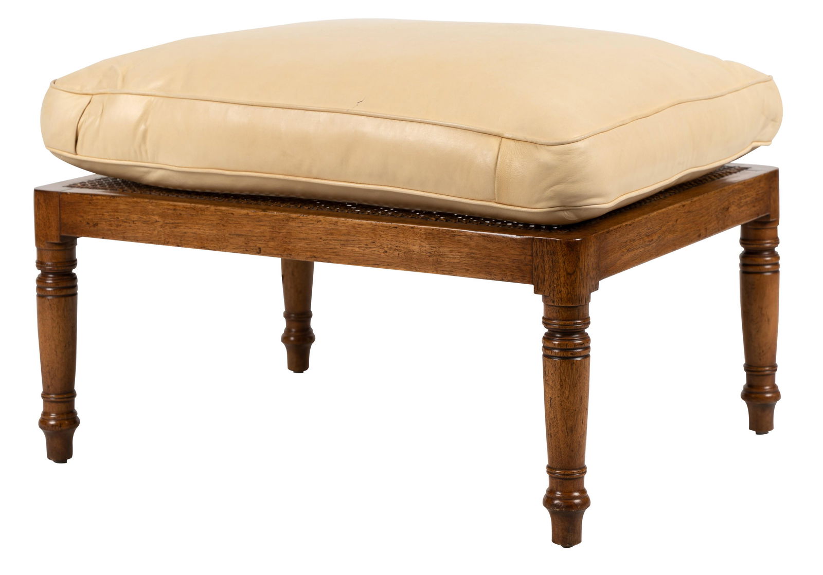 Rose Tarlow Melrose House "Georgian" Caned Ottoman: with Rose Tarlow paper tag; with leather cushion 18 1/2 x 28 1/2 x 23 1/2 in. (47 x 72.4 x 59.7 cm.)