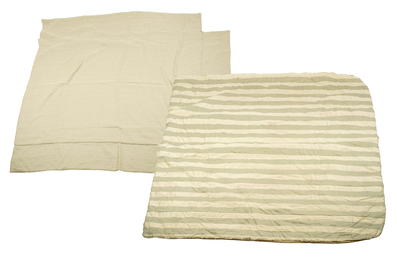 Group of Rose Tarlow Melrose House Coverlets: comprising one beige and white coverlet (6'9" x 7'1"), one beige and white coverlet (9'9"), one blue and white coverlet (7'7" x 7'2"), two green and white stripe duvets (7'4" x 7')