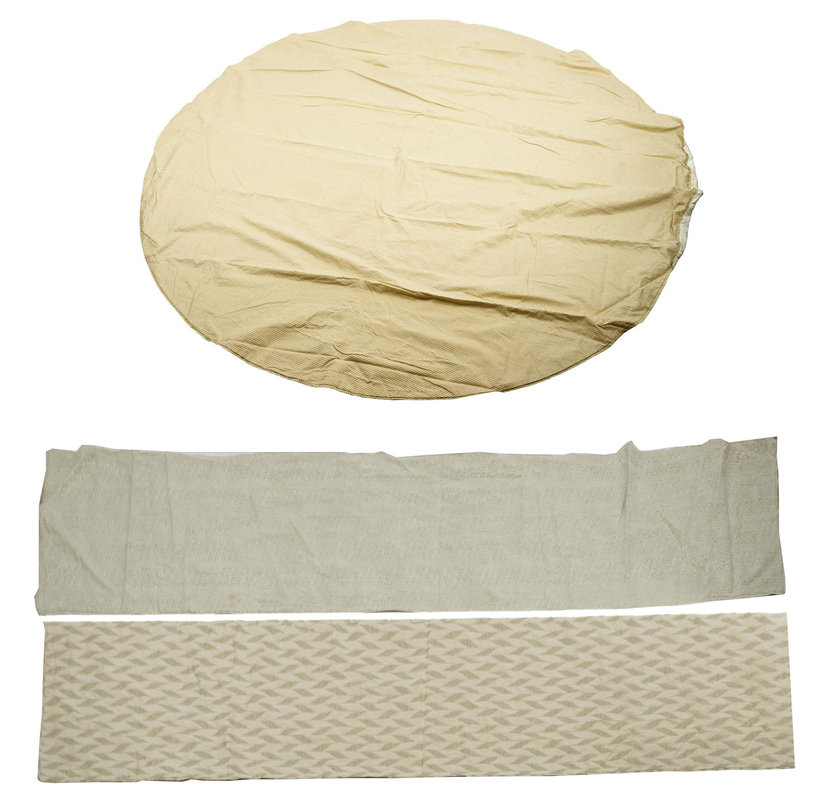 Group of Rose Tarlow Melrose House Table Linens: comprising two green and white striped round tablecloths (each approximately 110 in. dia.), and two reversible green and white table runners (one with stripes on one side and geometric pattern on the