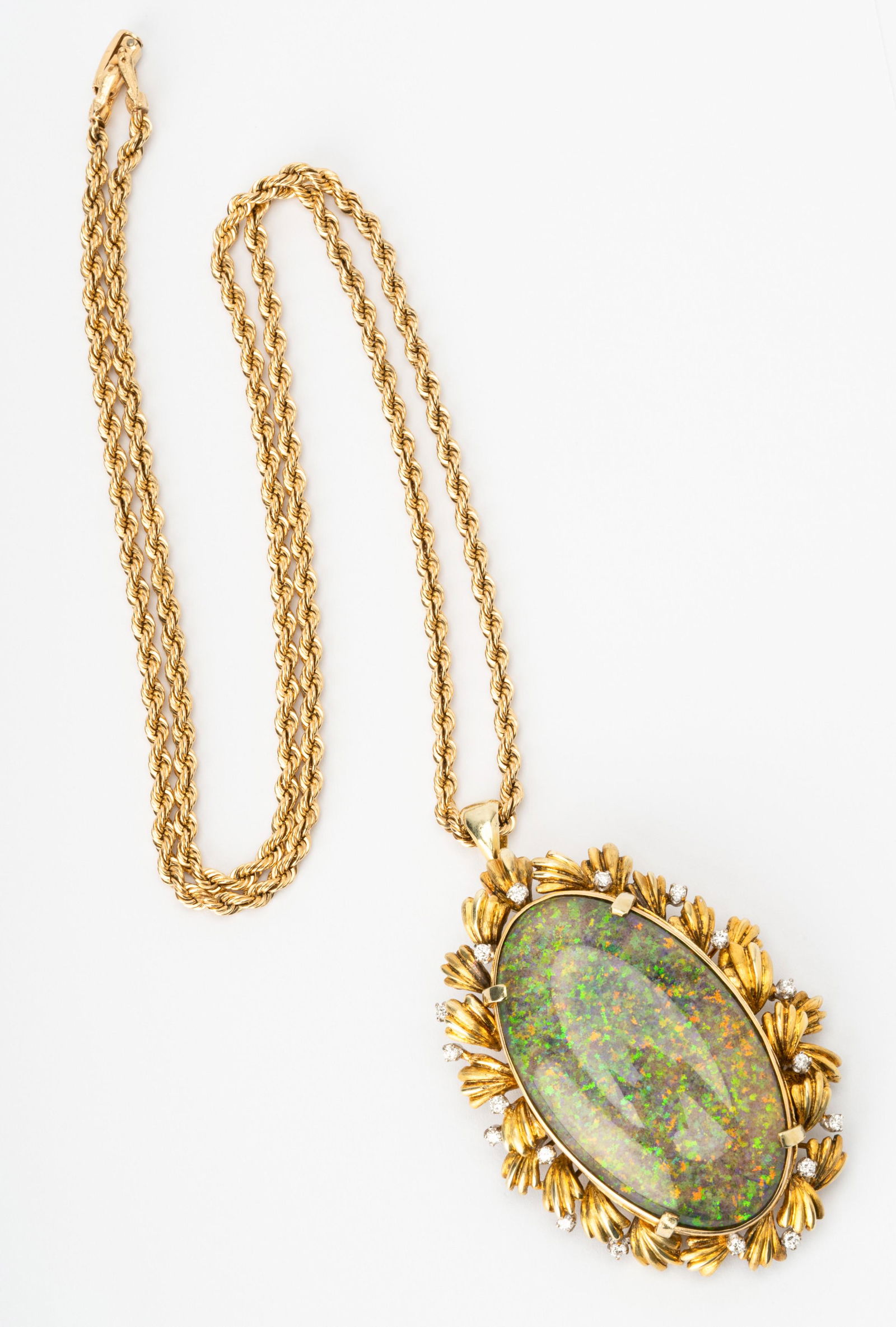 14 Karat Yellow Gold, Opal and Diamond Pendant/Brooch with Chain (1 of 9)
