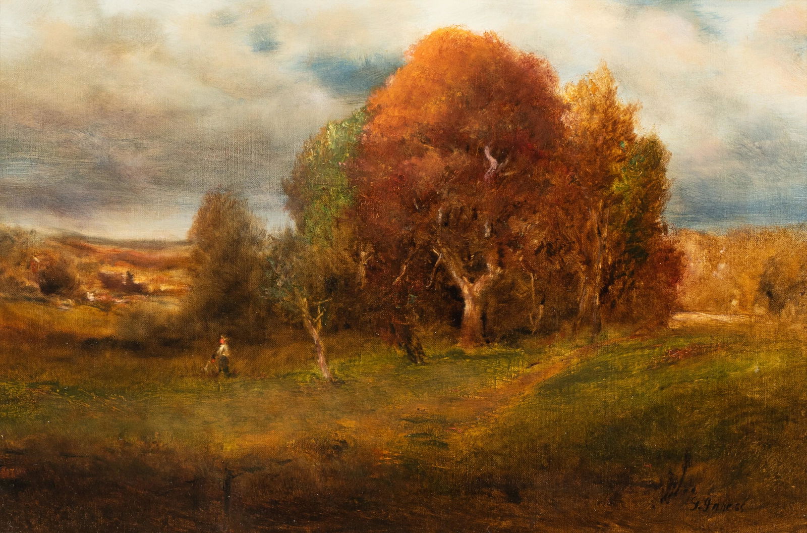 After George Inness (American 1825-1894): Figures in an Autumn Landscape: oil on canvas; signed lower right 16 x 24 in. (40.6 x 61 cm.), 25 1/4 x 33 1/4 in. (64.1 x 84.5 cm.) frame Provenance: Property from an Estate, Old Mission Ridge Road, Santa Barbara, California