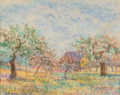 Paul Emile Pissarro (French 1884-1972): Spring Landscape: pastel and gouache on paper, matted, framed and glazed; signed lower left Sight: 8 x 10 in. (20.3 x 25.4 cm.); Frame: 21 1/2 x 23 3/4 in. (54.6 x 60.3 cm.)