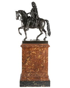 After Francois Girardon (French 1628-1715): Louis XIV on Horseback: 19th century; patinated bronze; signed to base; together with a faux marble painted wood pedestal the bronze: 43 x 38 x 18 1/2 in. (109.2 x 96.5 x 47 cm.), the pedestal: 43 1/2 x 30 1/2 x 19 in. (110.