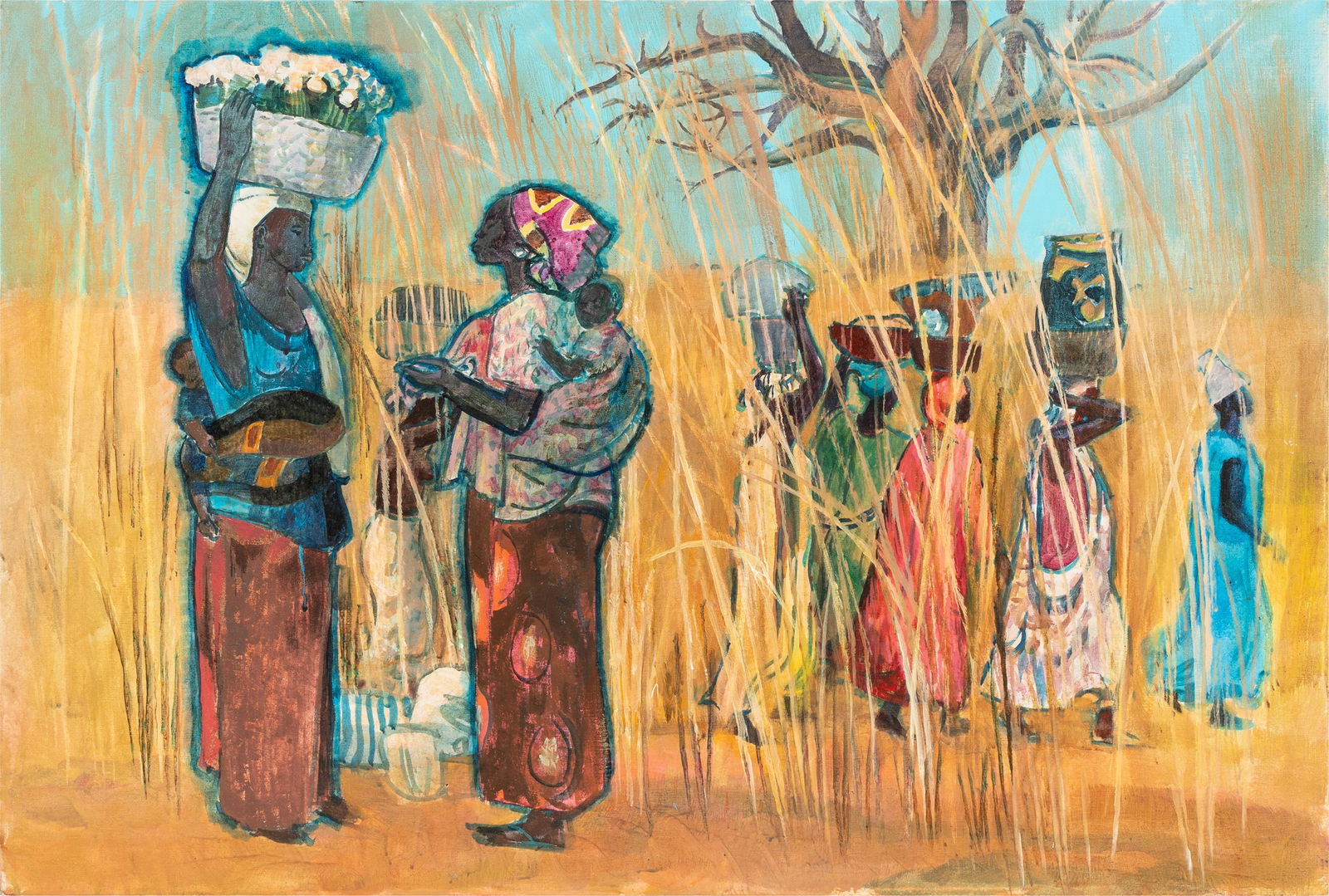 Millard Sheets (American 1907 - 1989): African Women in Wheatfield: acrylic on canvas, in an integral frame 27 x 40 in. (68.6 x 101.6 cm.), 28 3/4 x 41 1/2 in. (73 x 105.4 cm.) frame Provenance: Property from The Estate of Millard Sheets