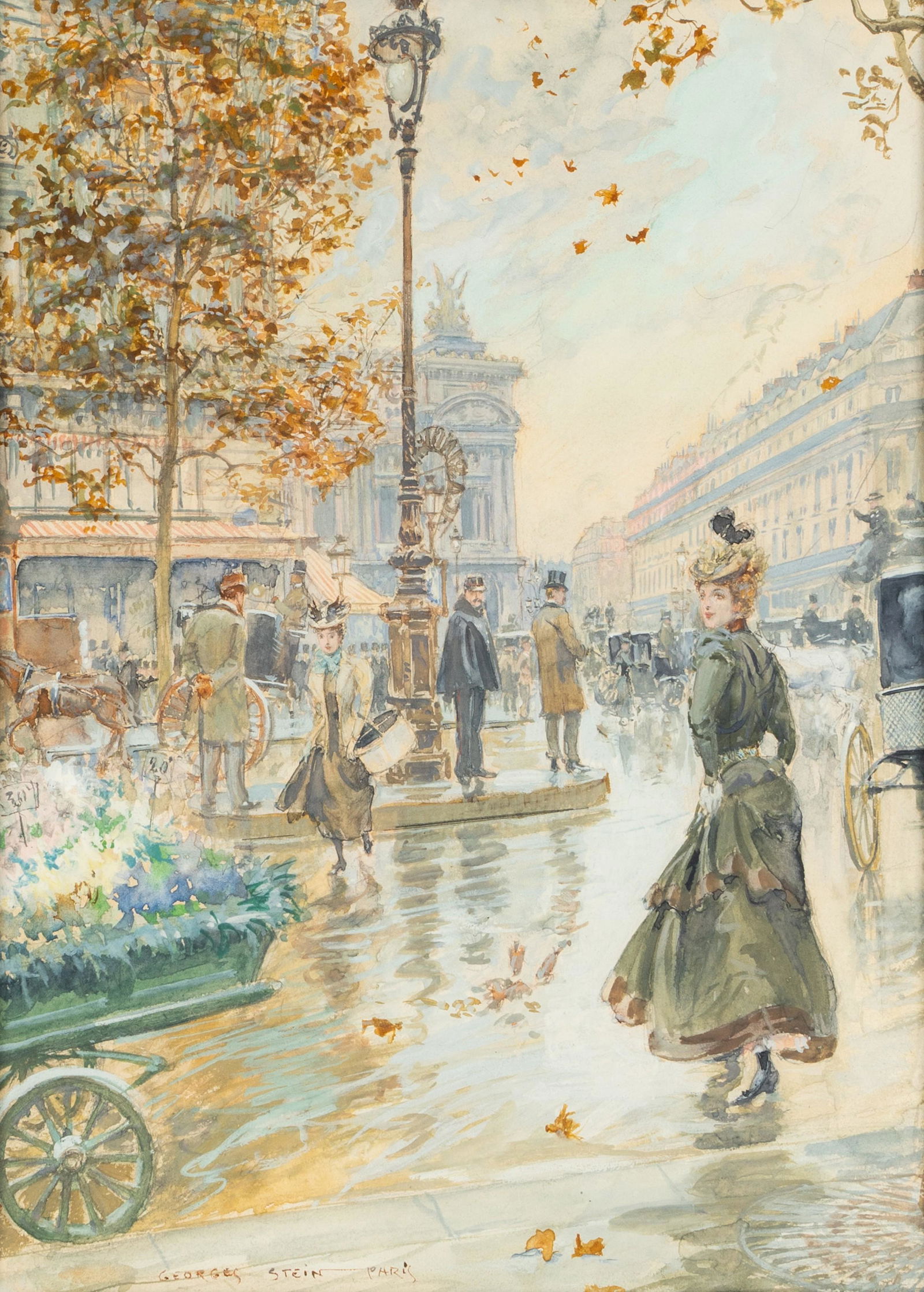 Georges Stein (French / American 1870 - 1930/55): Place de l'Opera: watercolor on paper, matted, framed and glazed; signed and inscribed "Georges Stein Paris" lower left sight: 12 3/4 x 9 1/4 in. (32.4 x 23.5 cm.), frame: 20 1/2 x 17 in. (52.1 x 43.2 cm.) Provenance: