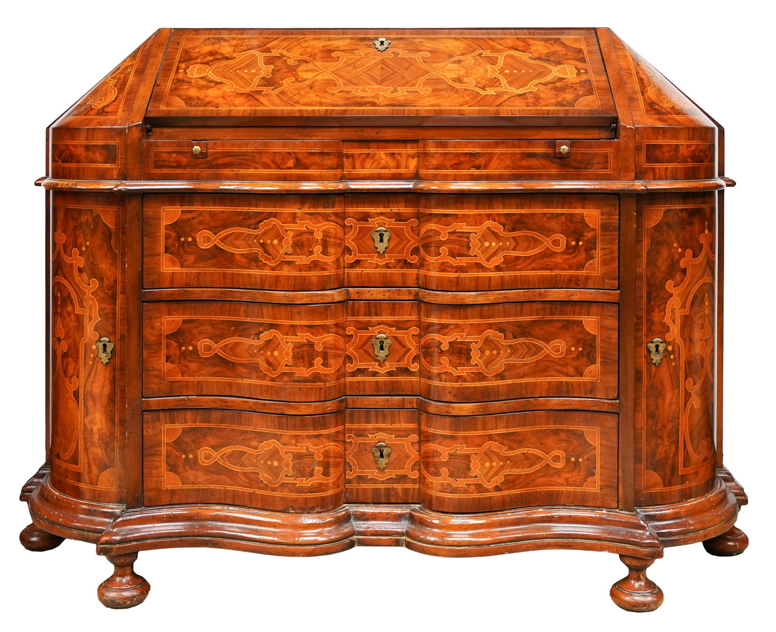Continental Baroque-Style Marquetry-Inlaid Bureau Chest (1 of 10)