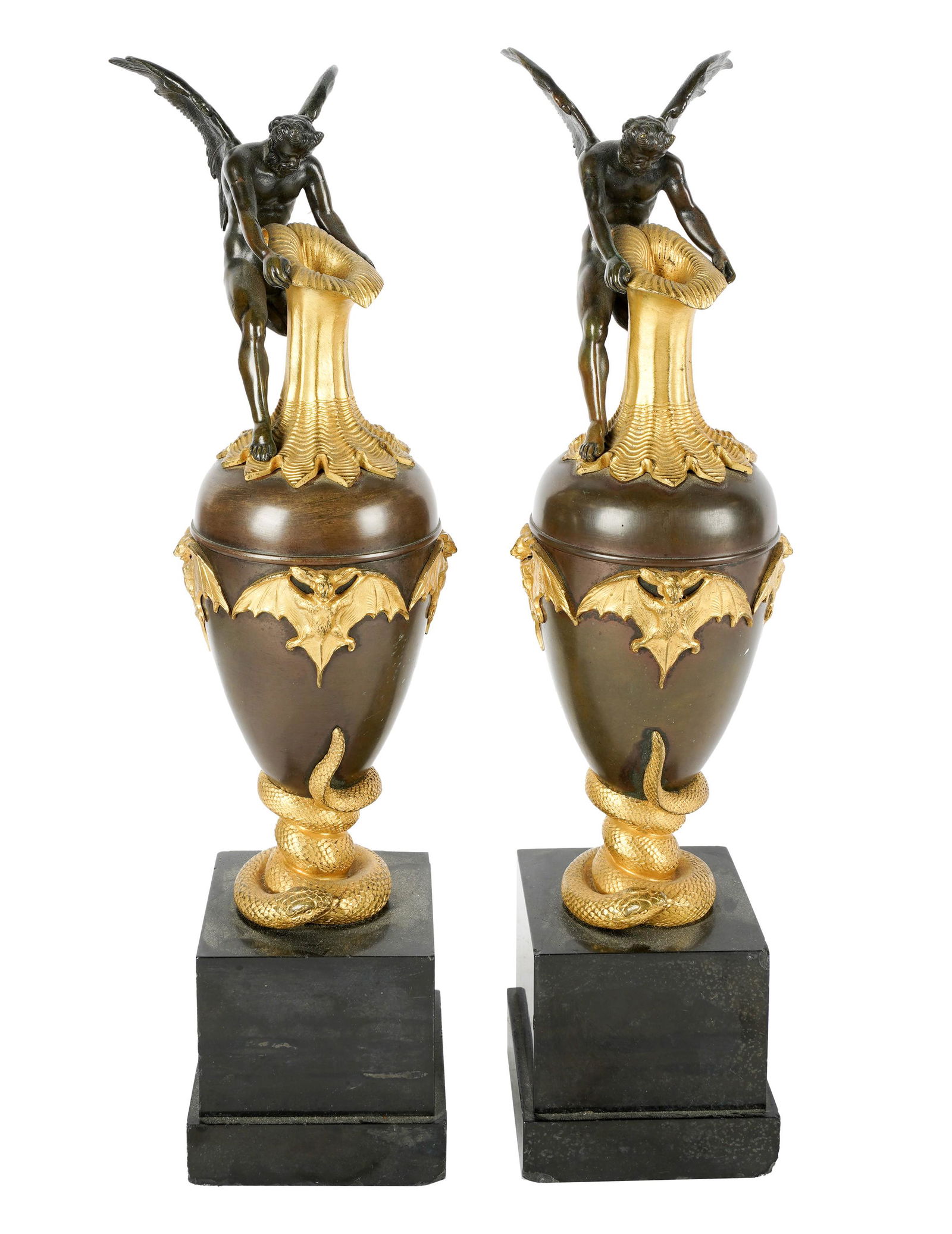 Pair of Continental Patinated and Gilt Bronze Figural Urns (1 of 10)