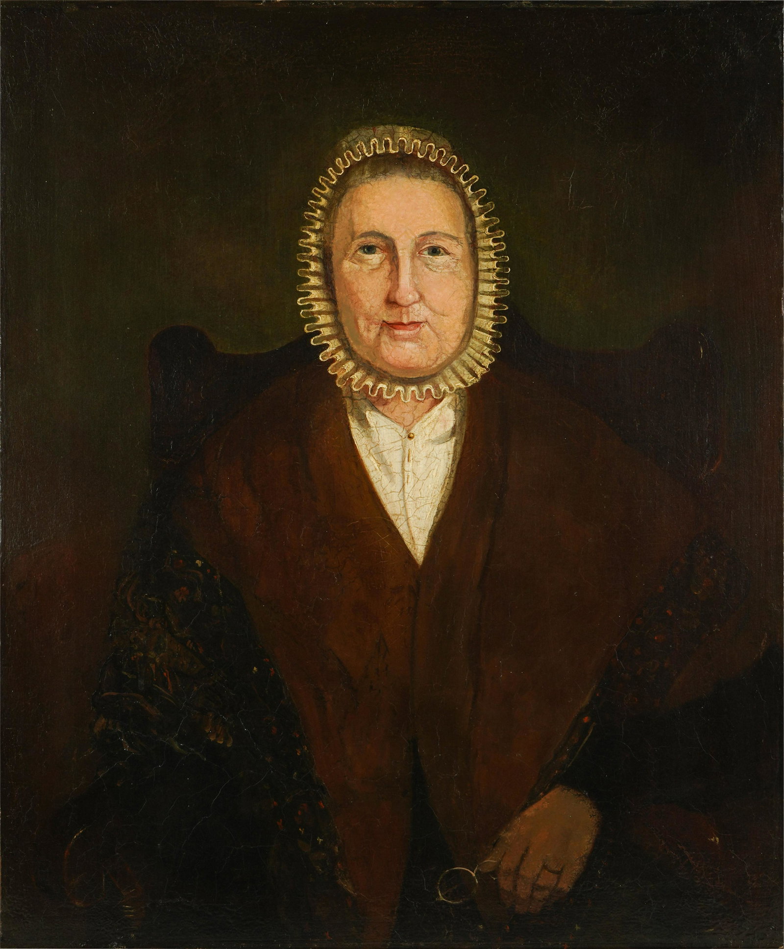 19th Century: Portrait of an Elderly Woman: oil on canvas; unsigned; Provenance: The Estate of Charles Hackett of Charles and Charles, San Jose, CA 30 x 25 in. (76.2 x 63.5 cm.), 36 x 31 in. (91.4 x 78.7 cm.) frame
