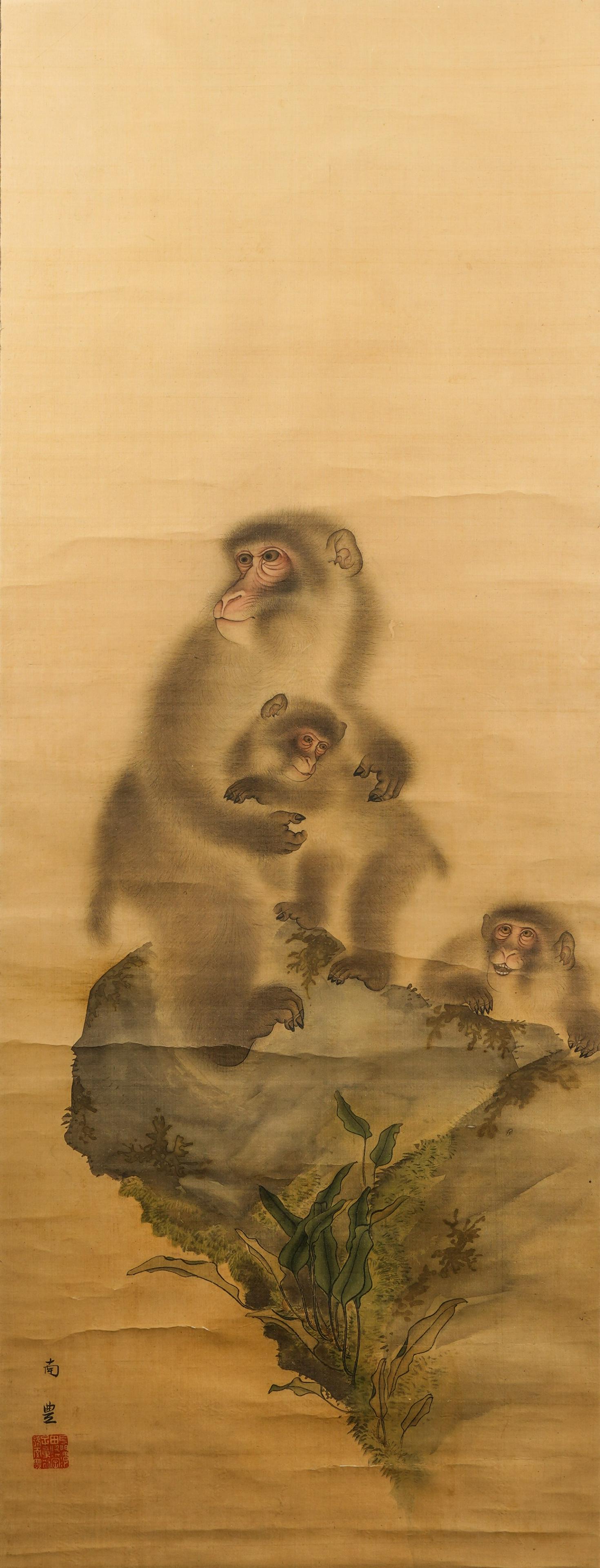 Japanese Scroll Painting: painted on linen, character marks and stamped lower left, depicting monkeys; with a certification letter by Yuken Imaizami, dated Dec. 2, 1881, stating "This mother/child monkey was painted by Nanpo O