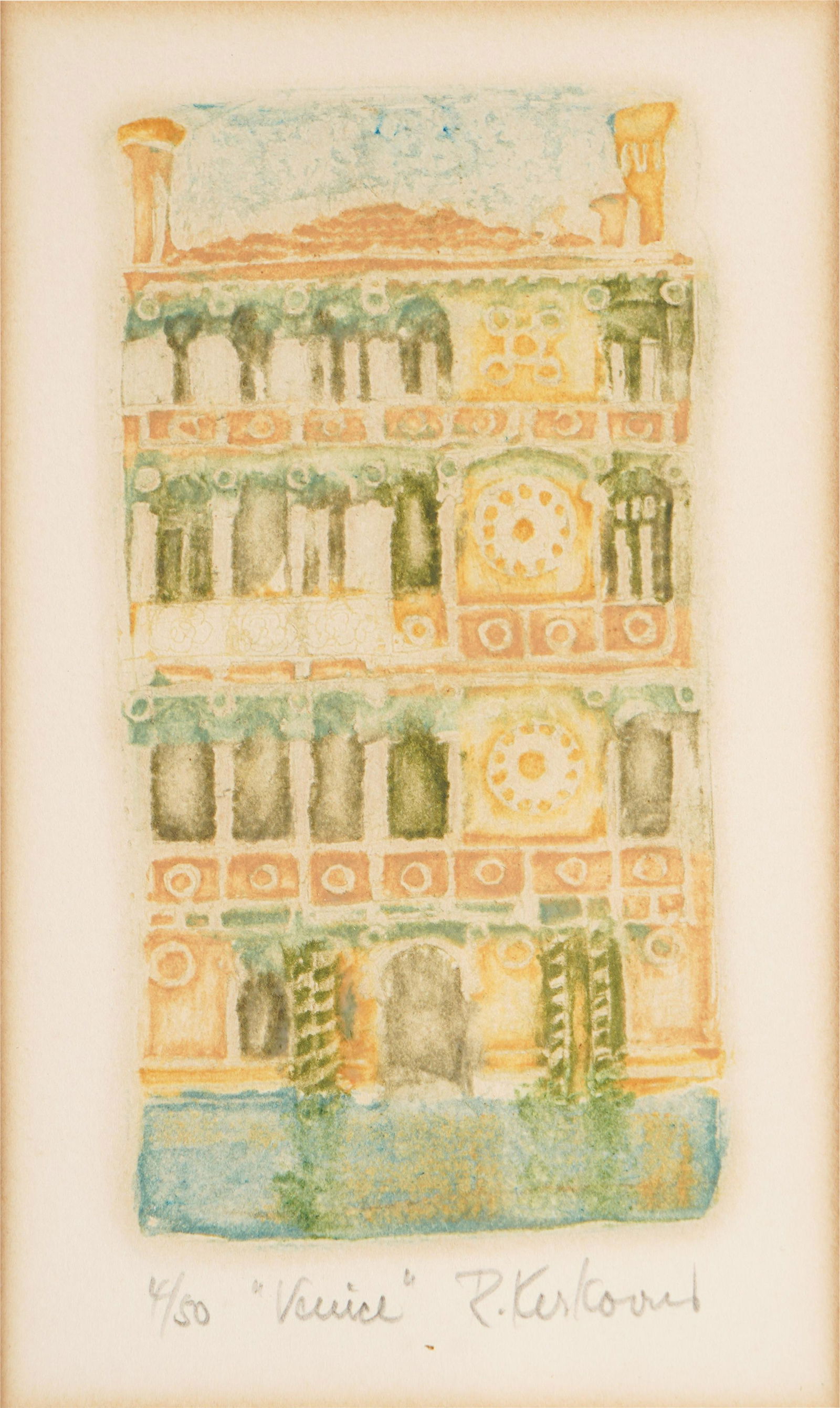 Ruth Kerkovius (1879-1970): Venice: colored etching, matted, framed and glazed; pencil-signed, titled, and numbered 4/50; Provenance: Ferdinand Roten Galleries label verso 7 x 4 in. (17.8 x 10.2 cm.), Frame: 14 3/4 x 11 3/4 in. (37.5 x