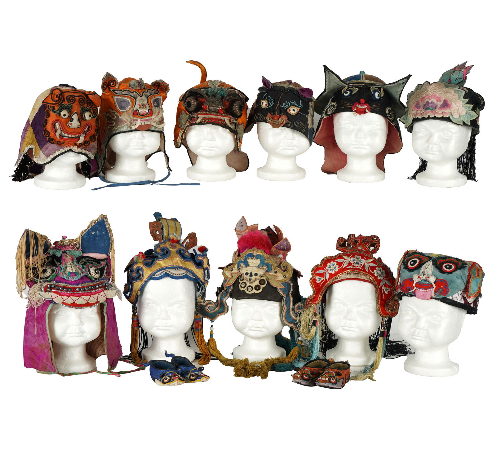 Lot of Chinese Embroidered Silk Child's Hats and Shoes (1 of 18)