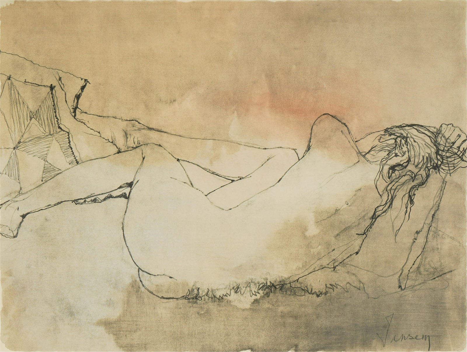 Jean Jansem (French 1920-2013): Reclining Nude: watercolor on paper, laid to paperboard, matted, framed and glazed; pencil-signed lower right 19 x 24 1/4 in. (48.3 x 61.6 cm.) sheet, 30 3/4 x 35 1/4 in. (78.1 x 89.5 cm.) frame