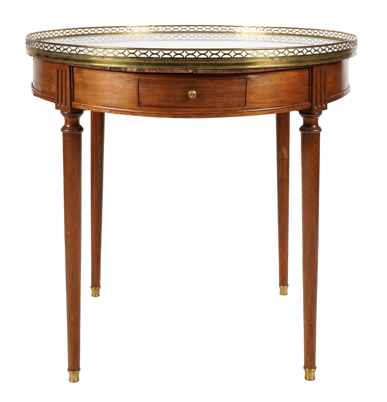 Gilt Metal-Mounted Marble-Top Bouillotte Table: with drawers 31 x 31 3/4 in. (78.74 x 80.65 cm.)