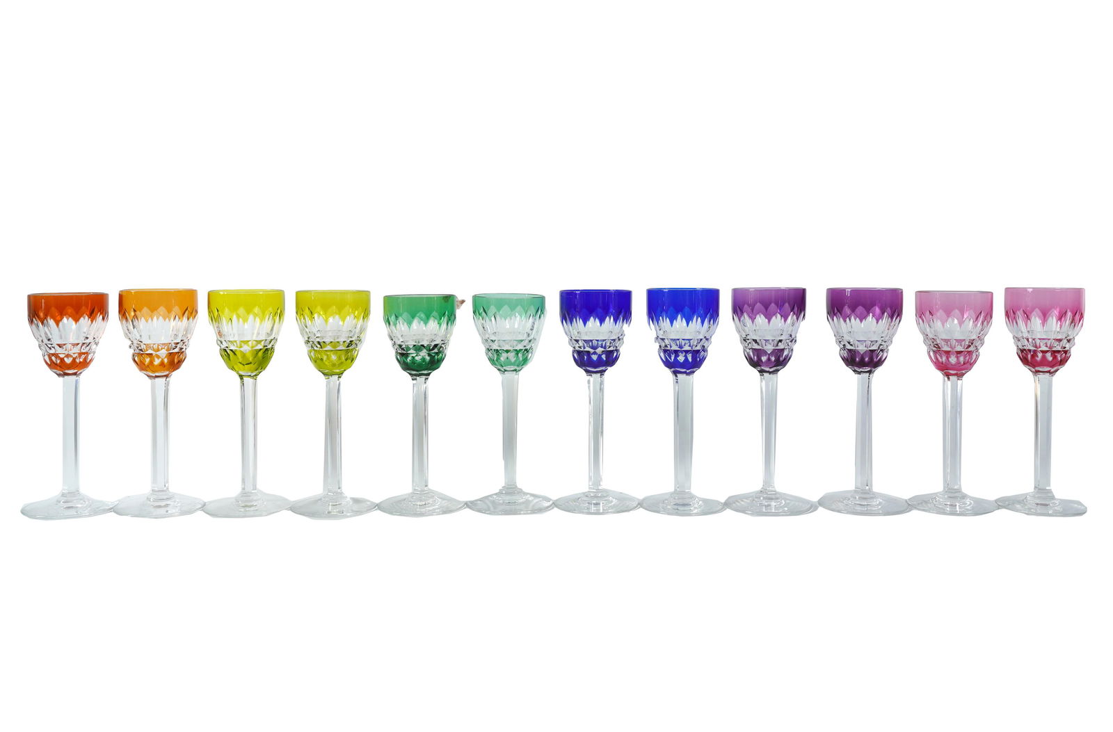 12 Baccarat Colored Glass Cordials: marked 5 1/8 in. (13 cm.) Provenance: The Estate of Hermine Beck, Beverly Hills