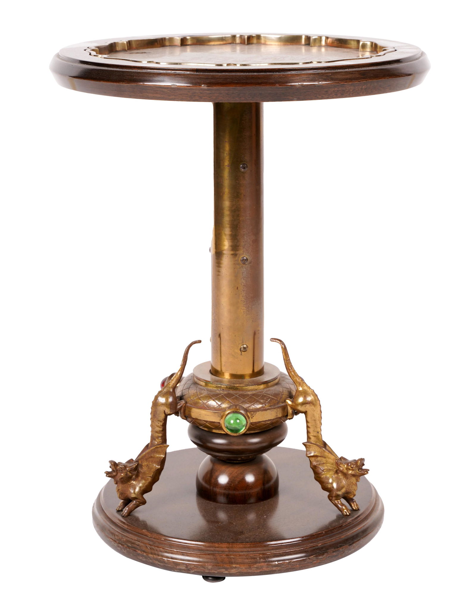 Maurice Bailey / Monteverdi Young "Chan" End Table: unsigned; the round wooden top inset with a removable brass tray incised with a Chinese-style design of figures in a landscape, on a brass-clad stem rising from a collar inset with colored glass caboc