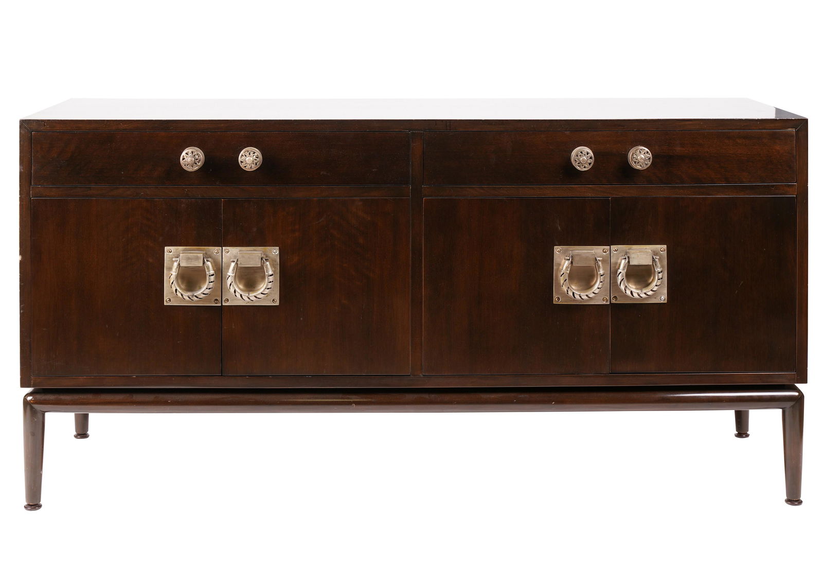 Maurice Bailey for Monteverdi Young: Rare Sideboard Cabinet: mid 20th century; lacquered wood, brass; unsigned; having two half-width drawers over a pair of doors on the left enclosing a shelf, and a pair of doors on the right enclosing three drawers, together