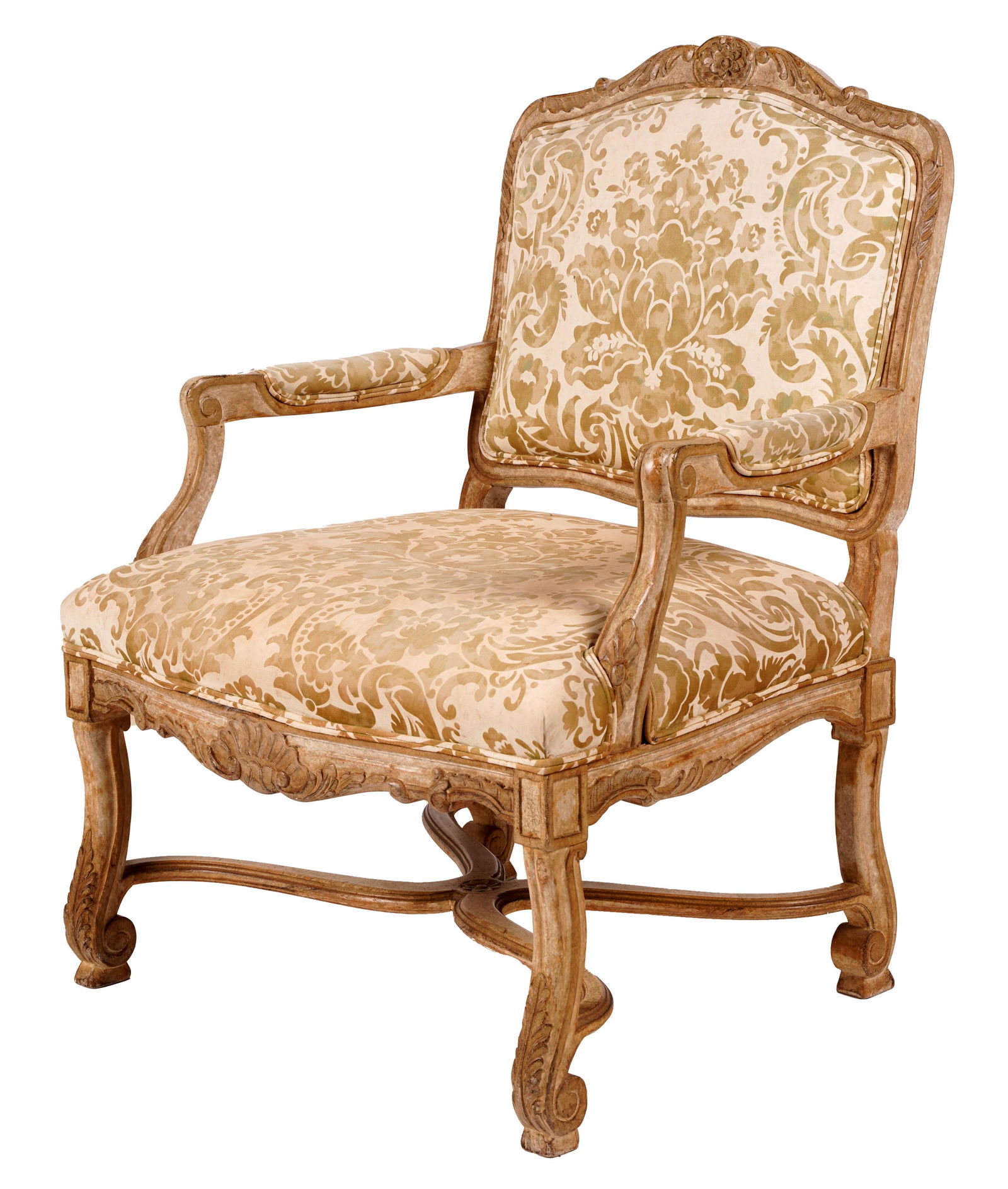 Rococo-Style Bleached Wood Fauteuil with Fortuny Fabric (1 of 11)