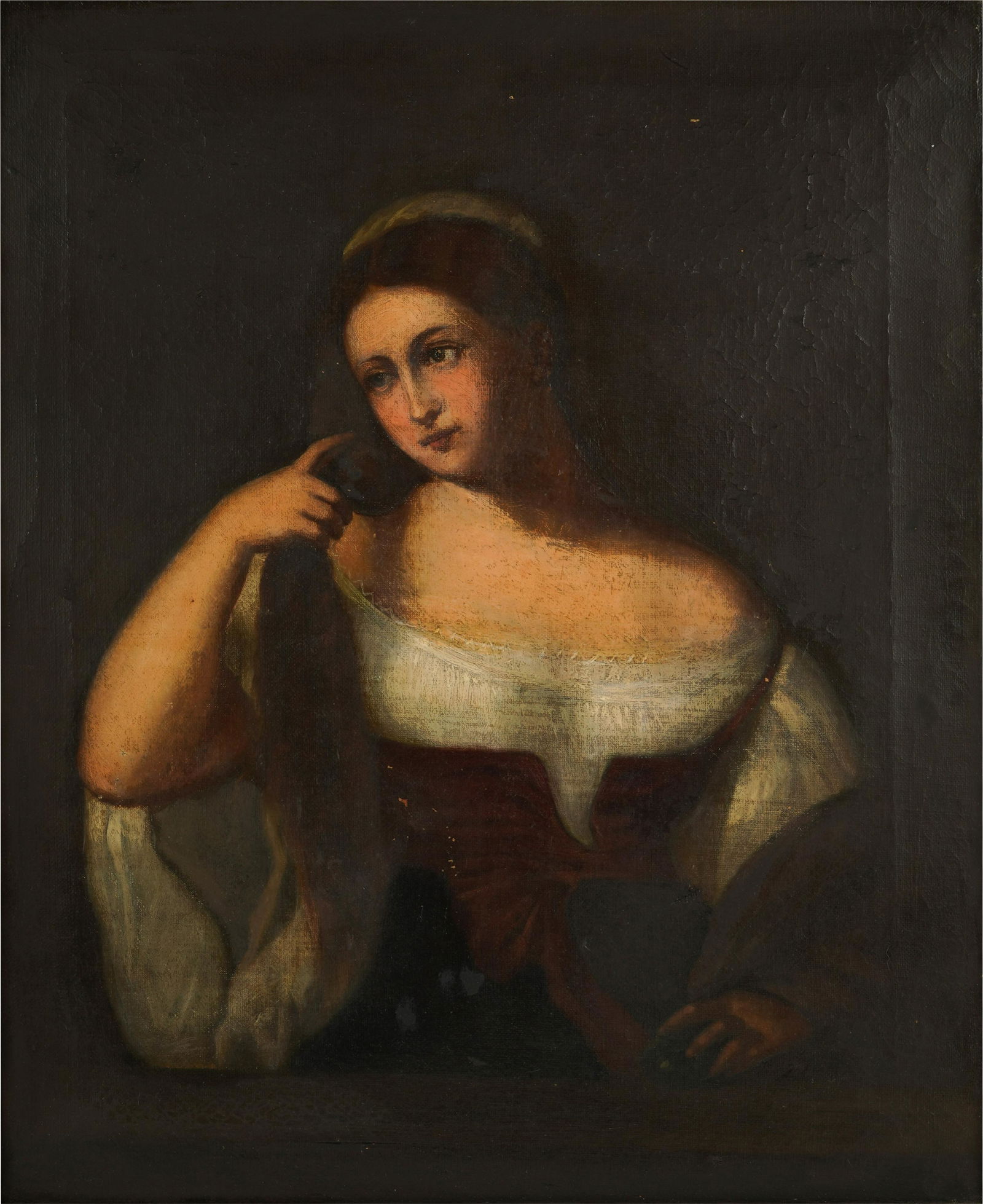 Continental School: Portrait of a Woman: oil on canvas; unsigned 22 x 18 in. (55.9 x 45.7 cm.), Frame: 29 x 25 in. (73.7 x 63.5 cm.)
