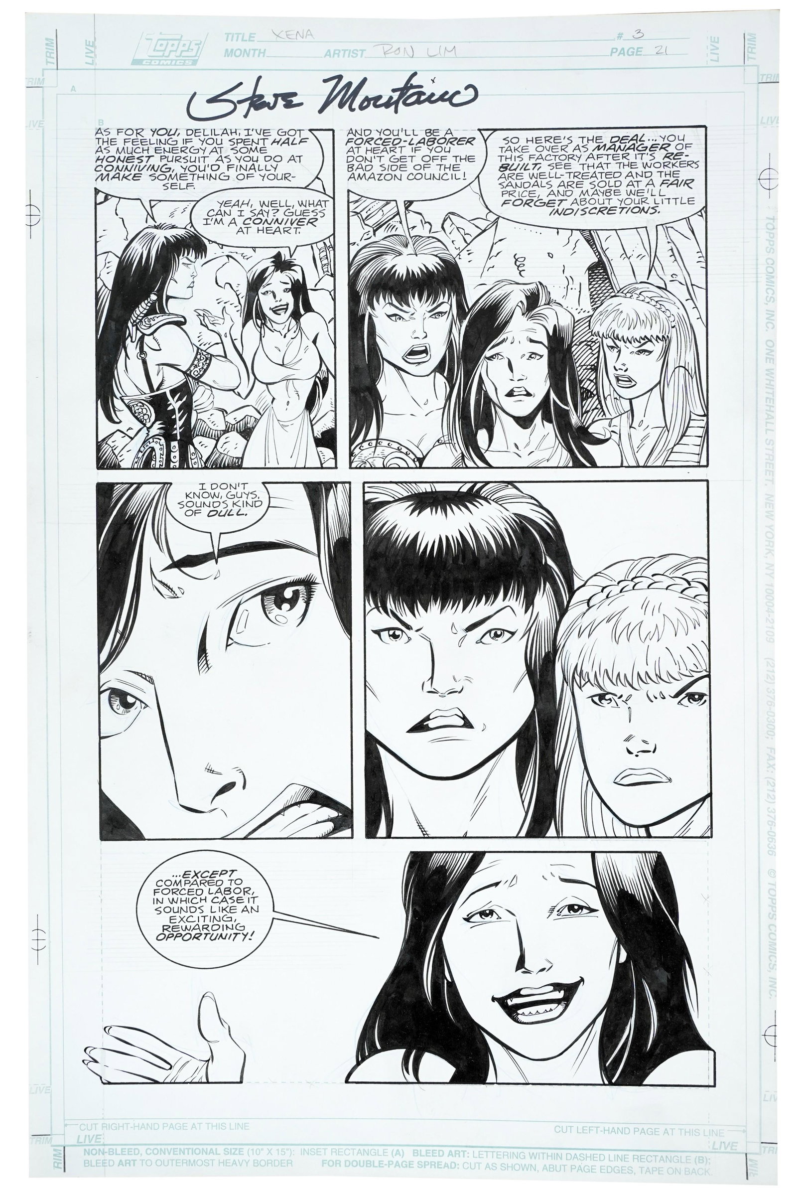 Ronald "Ron" Lim (B. 1965): Xena: Xena comic strip on authentic Topps comics paper, used in the production of Xena ATFO 3, page 21; signed by Steve Monano; unframed, in plastic sleeve, with COA signed by Gerard Weiser 17 x 11 in. (43.