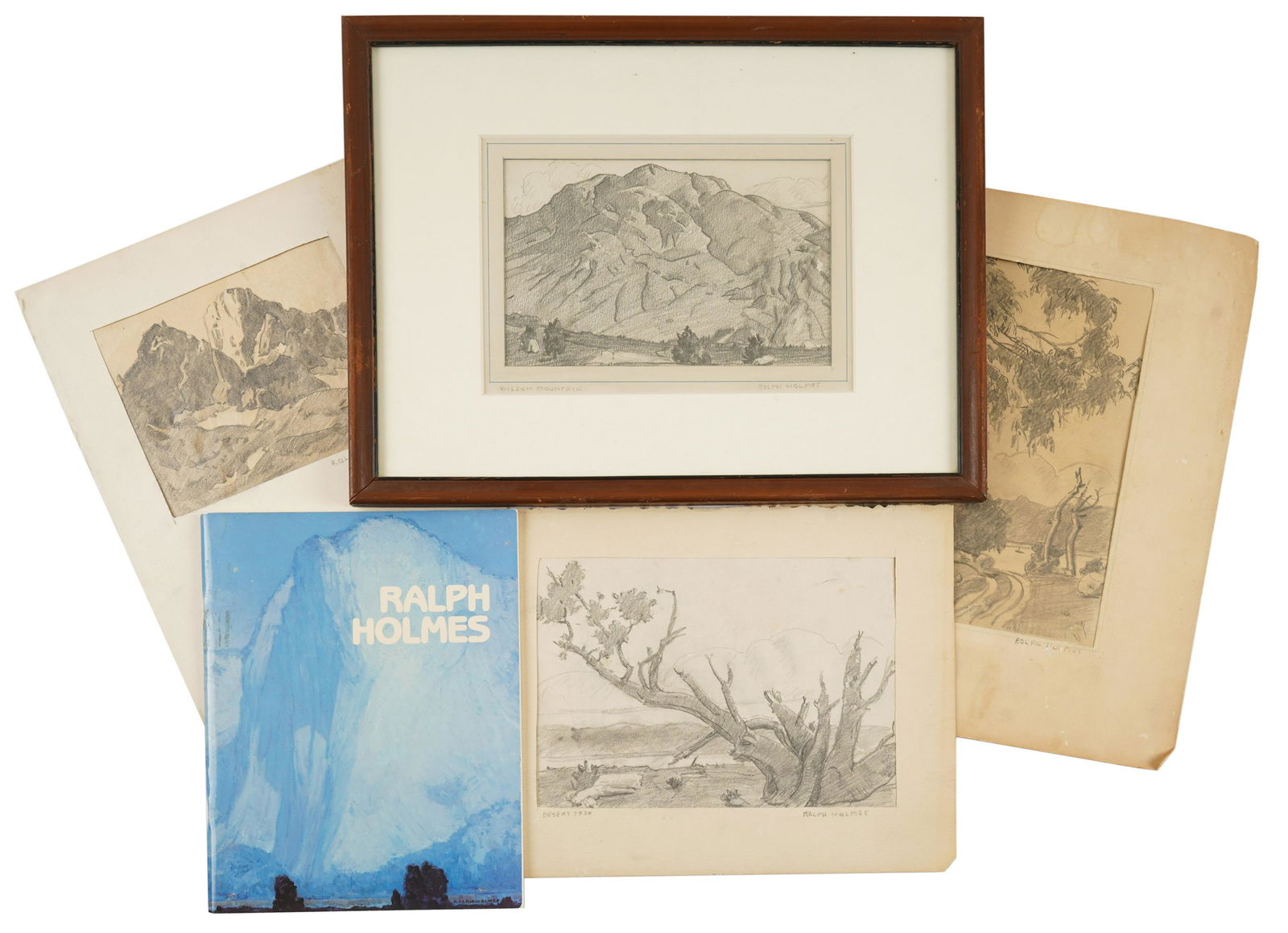 Ralph Holmes (American 1876 - 1963): Four Works: each pencil on paper; each signed to mat; the first: "Road to Lake", sheet: 8 1/2 x 11 in.; the second: untitled (mountain landscape), sheet: 6 3/4 x 8 in.; the third: "Desert Tree", sheet: 7 1/2 x 10