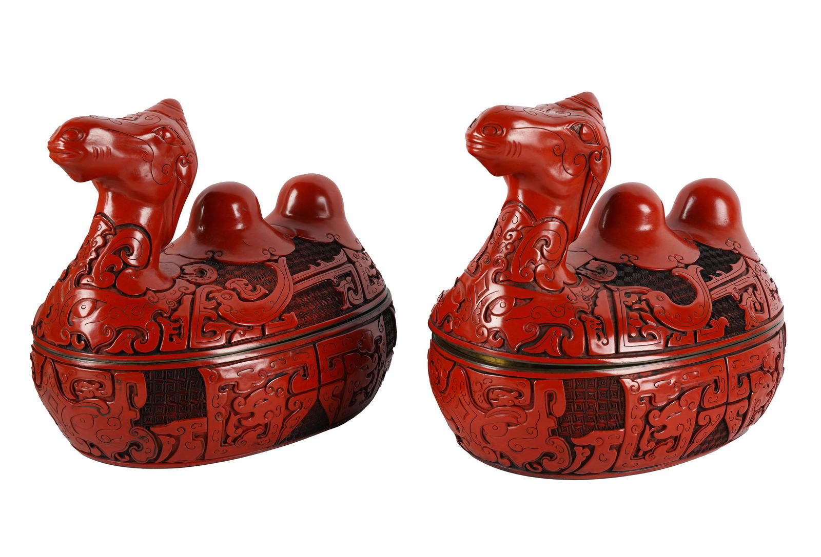 Pair of Chinese Figural Cinnabar Covered Boxes (1 of 9)