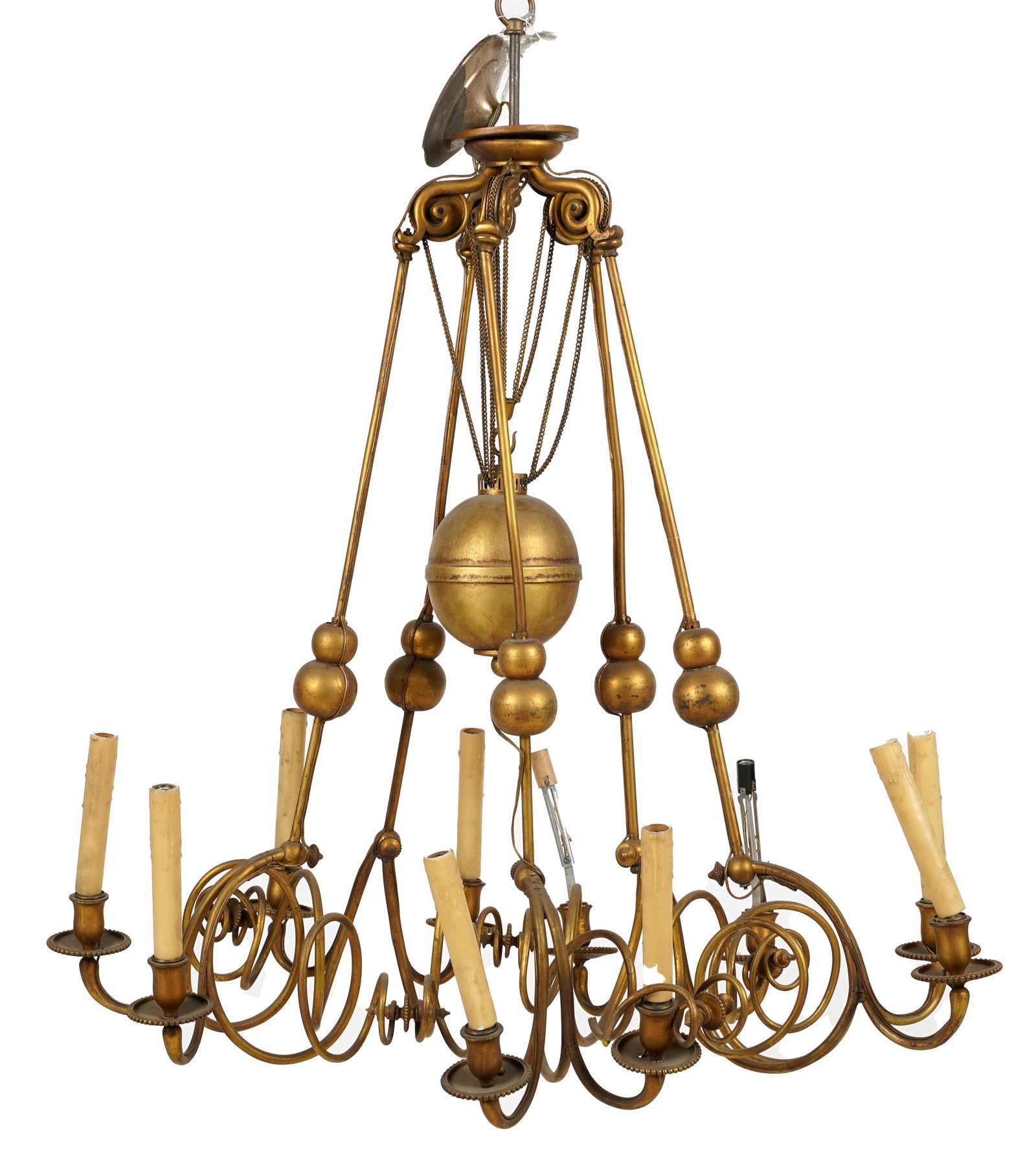 Rose Tarlow Melrose House Gilt Metal 10-Light Chandelier: unsigned 40 x 34 1/2 x 21 1/2 in. (101.6 x 87.6 x 54.6 cm.)