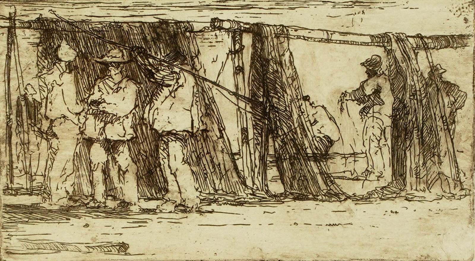 Millard Owen Sheets (1907 - 1989): Fishermen with Nets: 1928; etching on paper, matted, framed and glazed, pencil-signed lower right, dated lower left; Provenance: Property from The Estate of Millard Sheets sight: 4 1/8 x 7 in. (10.5 x 17.8 cm.), Frame: 18