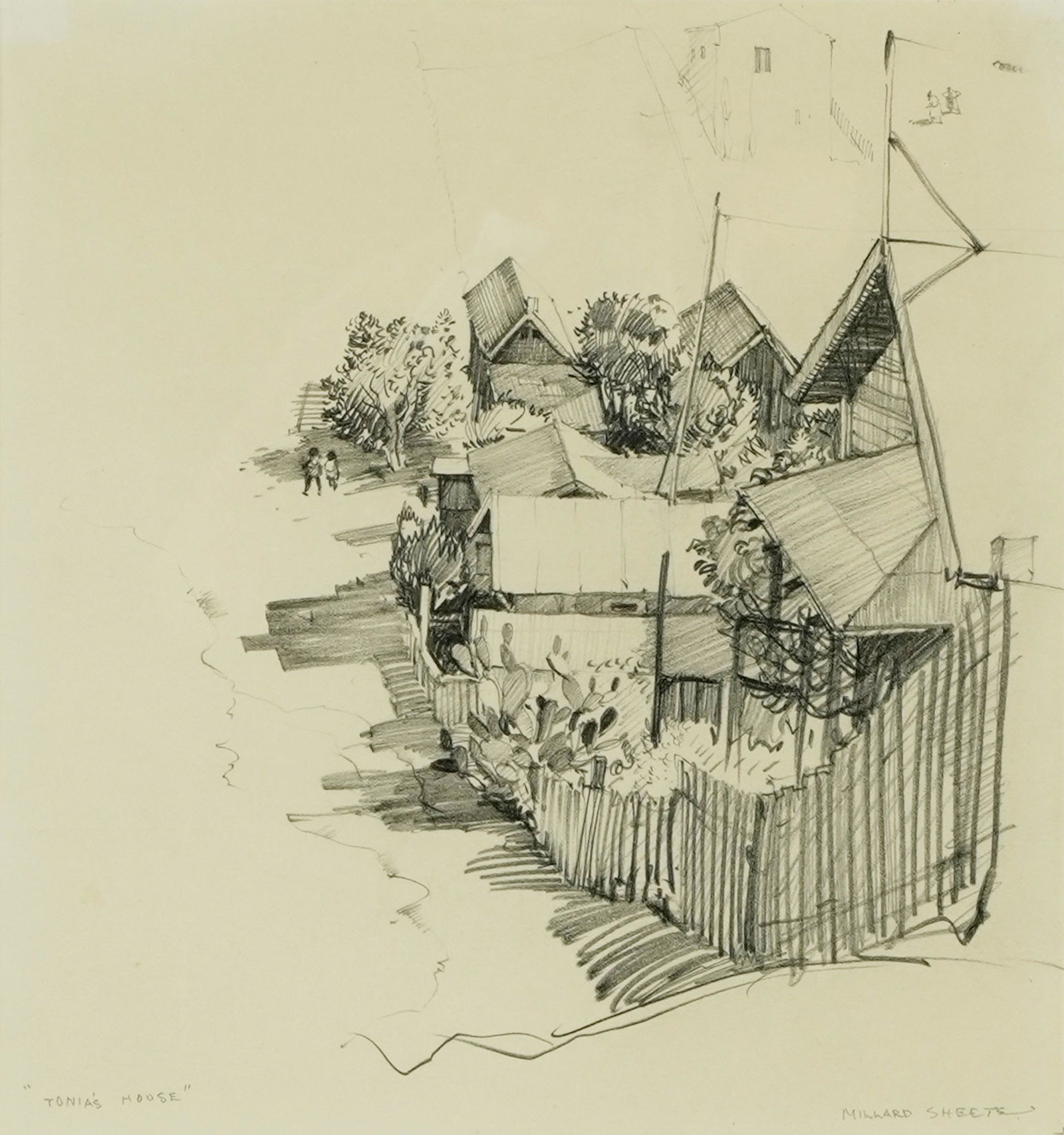 Millard Owen Sheets (1907 - 1989): Tonia's House (Chavez Ravine): c. 1930; pencil on paper, matted, framed and glazed; signed lower right, titled lower left; Provenance: The Estate of Millard Sheets, The collection of Tony and Flower Sheets sight: 7 1/2 x 7 in. (19.