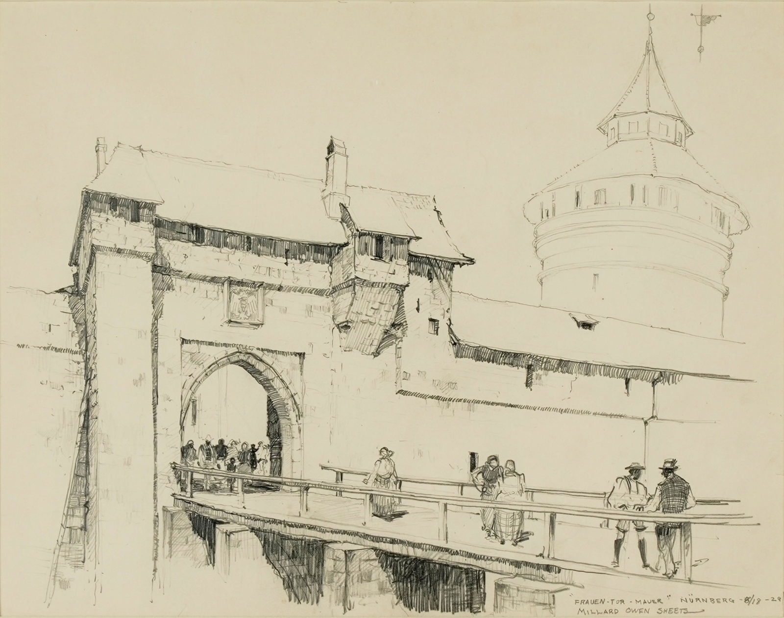 Millard Owen Sheets (1907 - 1989): Frauren-Tor-Mauer, Nürnberg: pencil on paper, matted, framed and glazed; signed, titled and dated 8/18 -29 lower right; Provenance: Property from The Estate of Millard Sheets sight: 9 1/4 x 12 in. (23.5 x 30.5 cm.), Frame: 16 1/4