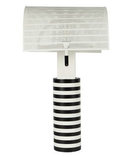 Mario Botta / Artemide "Shogun" Table Lamp: Italy, 1986; enameled steel, enameled aluminum, rubber; with pivoting perforated double-layer shades; with European plug; the shade: 9 x 12 3/4 x 12 1/2 in. (22.9 x 32.4 x 31.8 cm.), overall height: 2