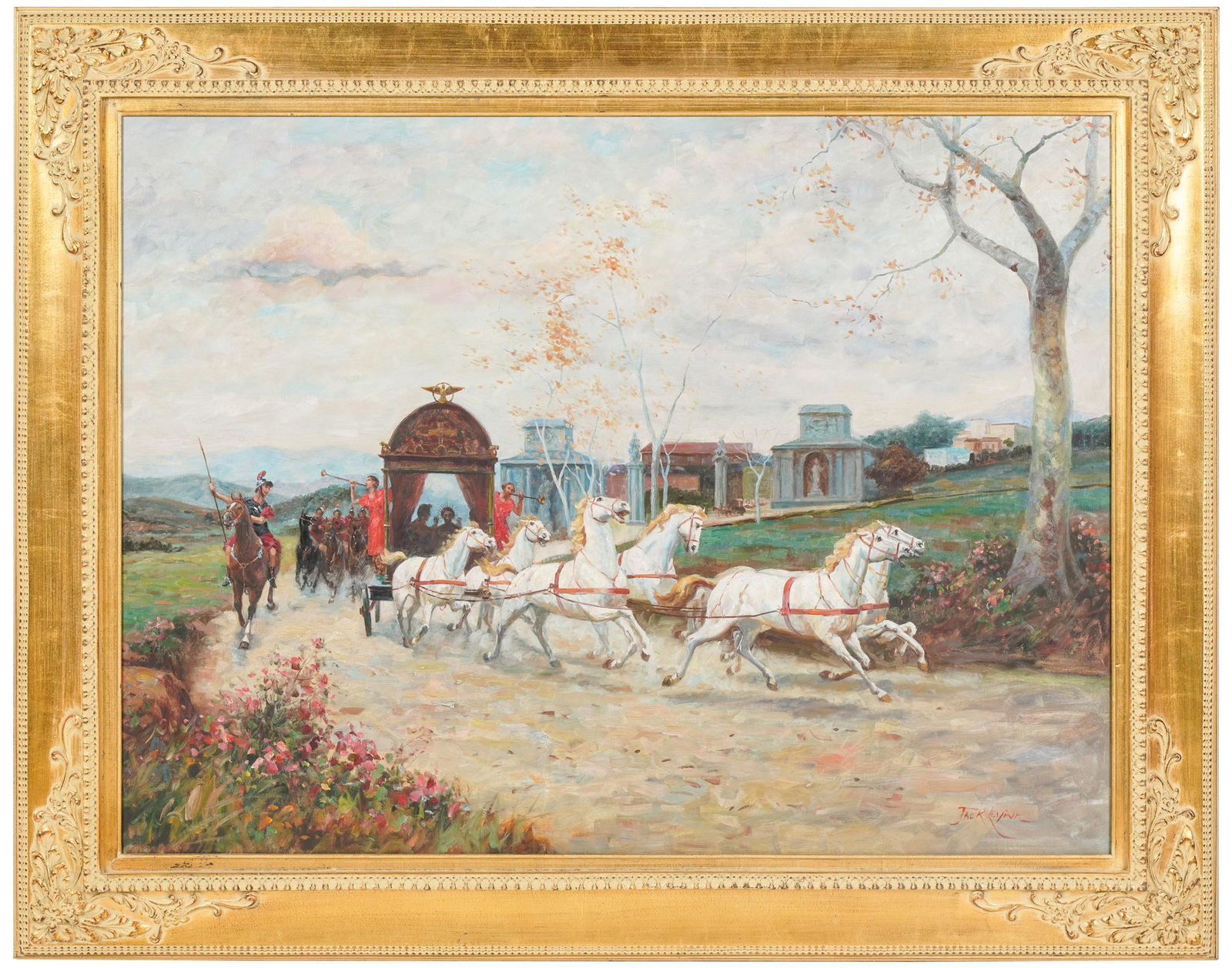 Larry Flynt- Late 20th / 21st Century: Horse-Drawn Carriage: oil on canvas; signed "Jack Levine" lower right 36 x 48 in. (91.4 x 121.9 cm.), Frame: 45 3/4 x 57 3/4 in. (116.2 x 146.7 cm.)