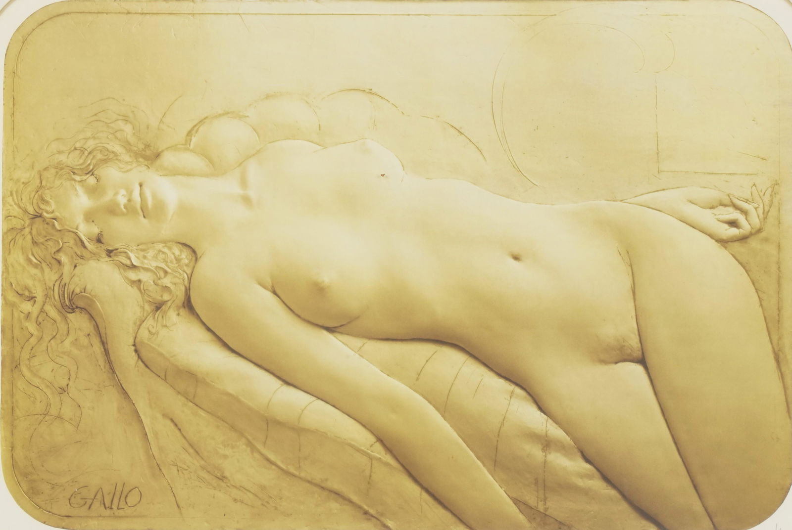 Larry Flynt- Frank Gallo (1933 - 2019): The Faint (Reclining Female Nude): lithograph, matted, framed and glazed; pencil-signed, numbered 105/300 26 x 36 1/2 in. (66 x 92.7 cm.), Frame: 36 1/4 x 47 in. (92.1 x 119.4 cm.)
