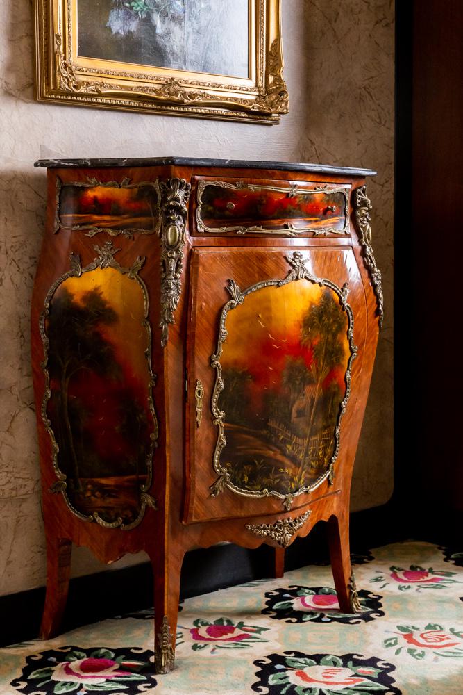 Larry Flynt- Vernis Martin-Style Marble-Top Cabinet: Late 20th century; painted with scenic panels and veneered with exotic woods 47 1/2 x 34 1/2 x 19 1/2 in. (120.65 x 87.63 x 49.53 cm.)
