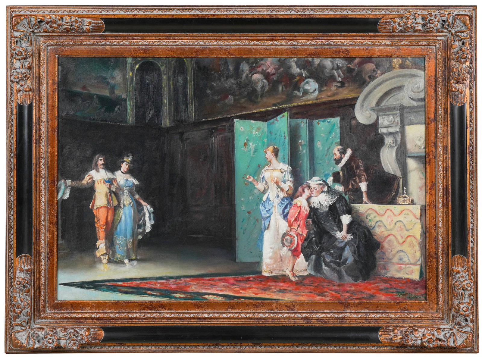 Larry Flynt- Late 20th / 21st Century: Figures in Interior: oil on canvas; signed "Jane Clark" lower right 24 x 36 in. (61 x 91.4 cm.), Frame: 33 1/4 x 45 1/4 in. (84.5 x 114.9 cm.)