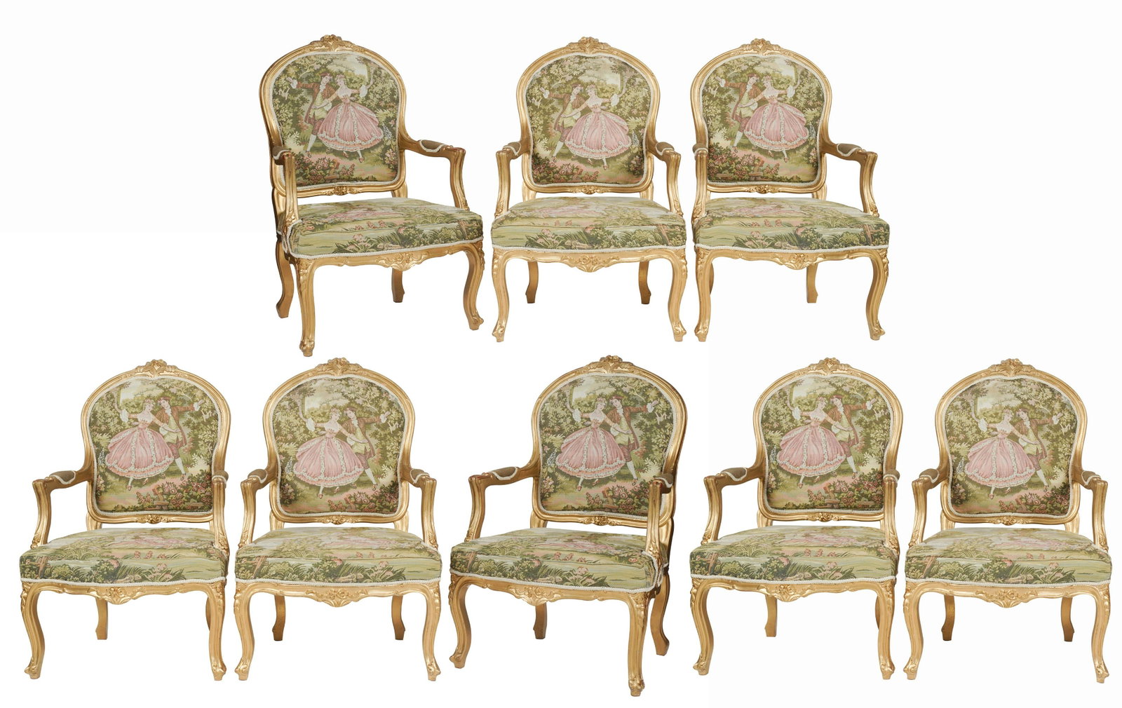 Larry Flynt- Set of Eight Louis XV-Style Giltwood Fauteuils: late 20th / 21st century; covered with tapestry-style fabric 42 x 27 x 27 in. (106.7 x 68.6 x 68.6 cm.), seat height: 17 in. (43.2 cm.)