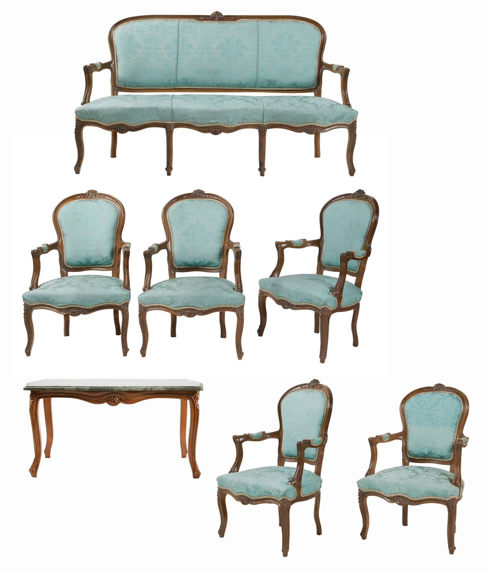 Larry Flynt- Louis XV-Style Salon Suite: late 20th / 21st century; comprising a settee, 38 3/4 x 65 x 25 1/2 in. (98.4 x 165.1 x 64.8 cm.), seat height: 17 in. (43.2 cm.), four armchairs, 39 x 25 x 24 1/2 in. (99.1 x 63.5 x 62.2 cm.), seat h