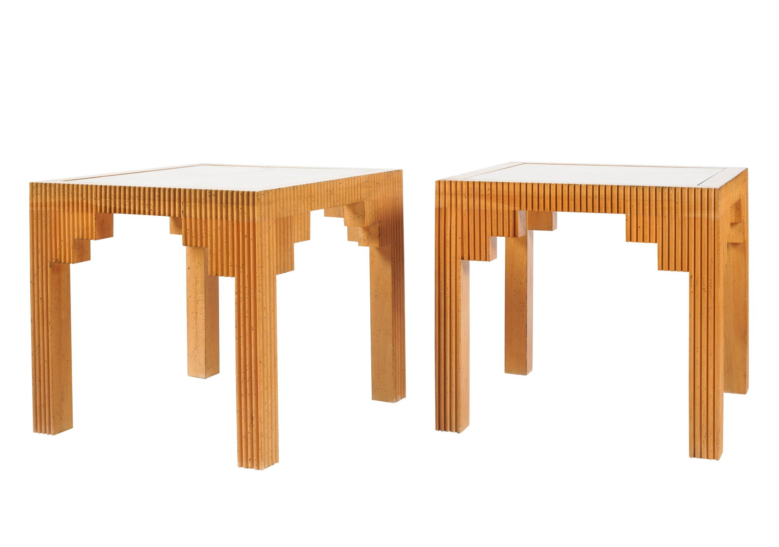 Louise Fletcher- Pair of Modernist Glass-Inset End Tables: second half 20th century; unsigned 24 x 26 1/4 x 26 1/4 in. (61 x 66.7 x 66.7 cm.)