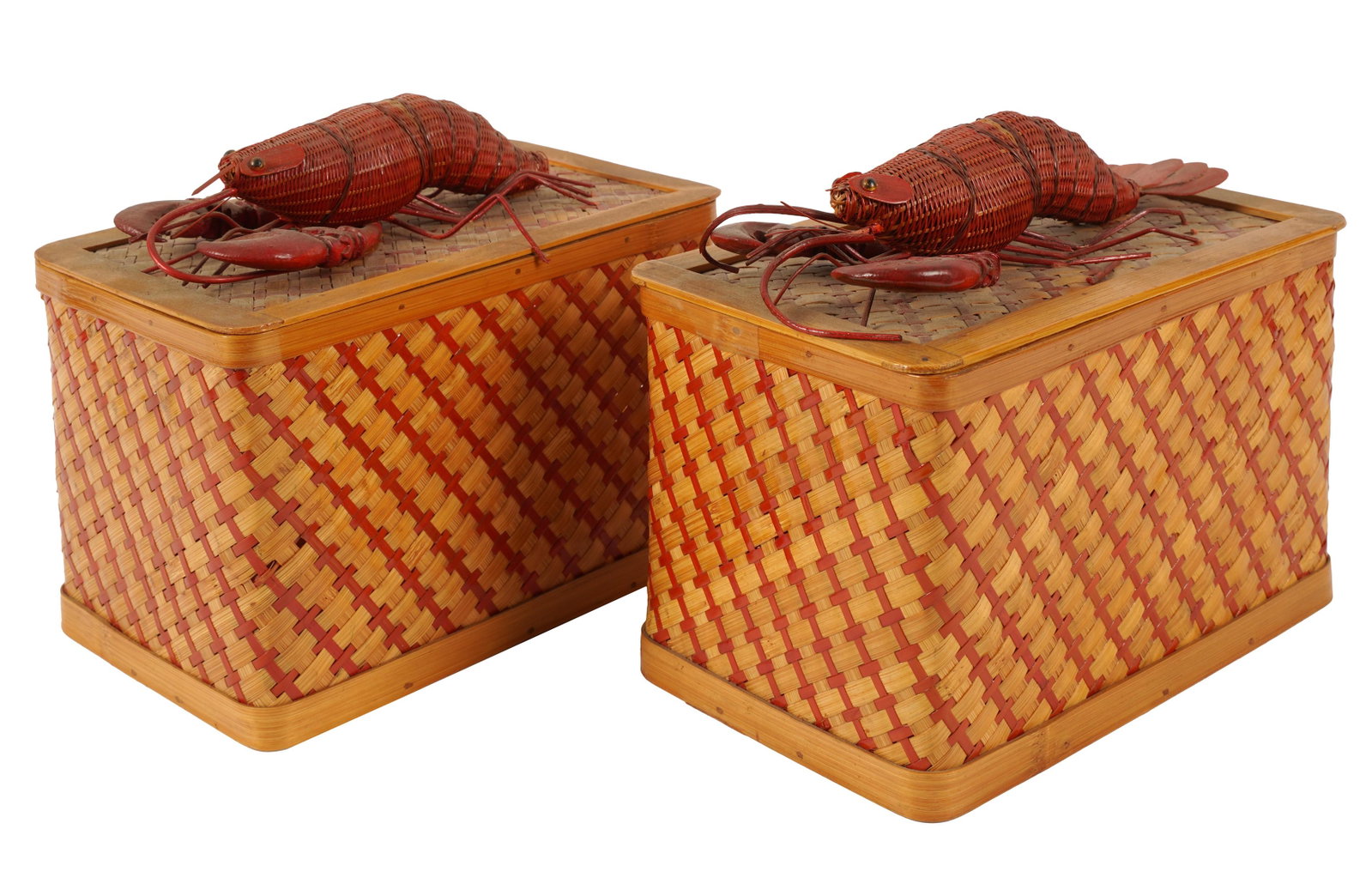 Louise Fletcher - Pair of Wicker Lobster Baskets: one with label to underside of lid "Shanghai Handcrafts"; the lids removable 7 x 8 x 5 1/8 in. (17.8 x 20.3 x 13 cm.)
