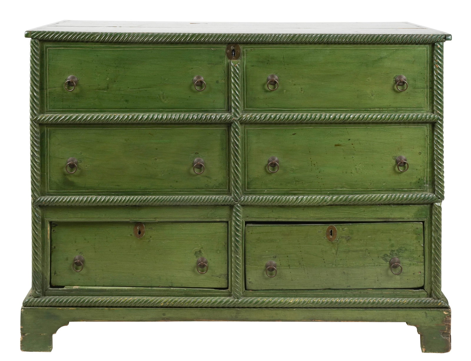 Louise Fletcher- American Green-Painted Pine Mule Chest: 19th century; the hinged to opening to an unlined, undivided interior; the front with four false drawers over two half-width drawers 36 1/4 x 48 1/4 x 24 in. (92.1 x 122.6 x 61 cm.)
