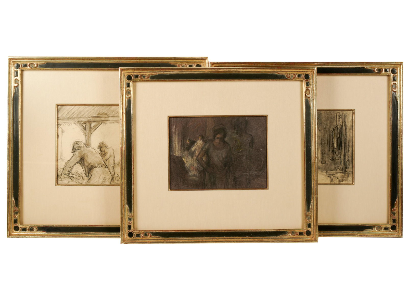 Louise Fletcher- Sholto Johnstone Douglas (1871 - 1958): Three Works: each matted and framed under acrylic; each signed with initials lower right; the first: depicting workers, pencil on paper, Sight: 7 1/2 x 9 3/4 in. (19.1 x 24.8 cm.), Frame: 17 x 18 1/2 in. (43.2 x 4