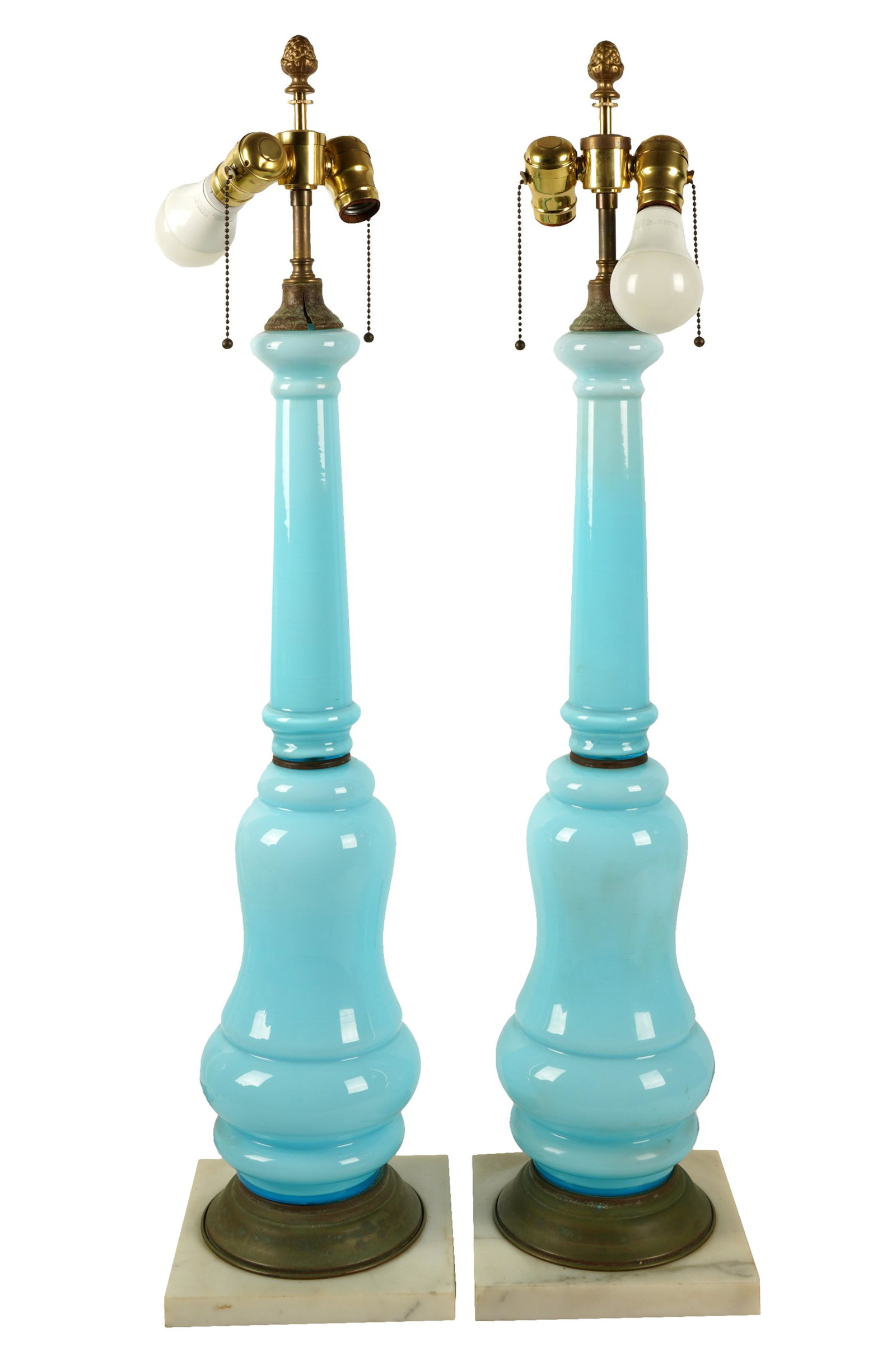 Louise Fletcher- Pair of Blue Opaline Glass Table Lamps: each with gilt metal mounts, on square marble base each overall: 34 in. (86.4 cm.) high