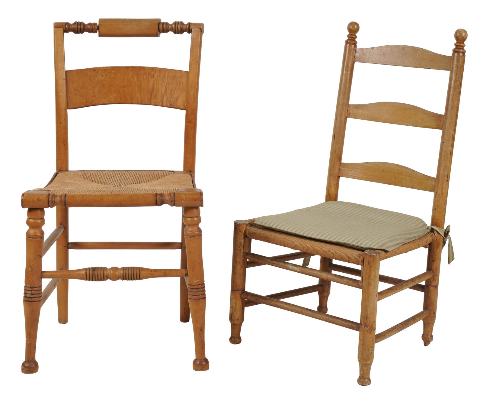Louise Fletcher- Two Antique American Side Chairs: 19th century; each with woven rush seat; the ladder back chair: 33 x 17 3/4 x 18 1/2 in. (83.8 x 45.1 x 47 cm.), seat height: 12 1/2 in. (31.8 cm.); the other: 33 1/2 x 17 1/4 x 19 in. (85.1 x 43.8 x 