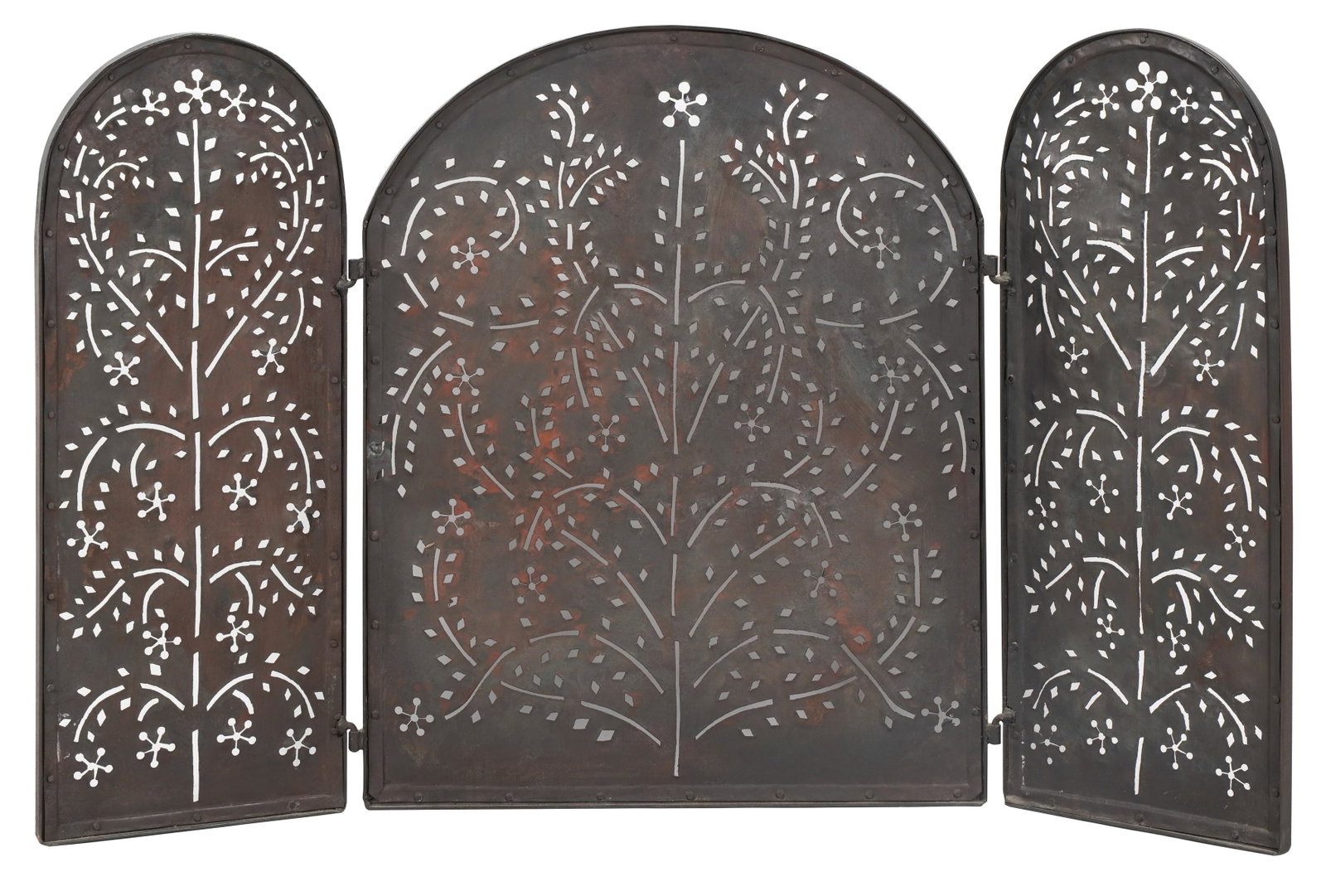 Louise Fletcher- Iron Fire Screen: comprising three pierced panels overall: 30 x 49 1/4 in. (76.2 x 125.1 cm.)