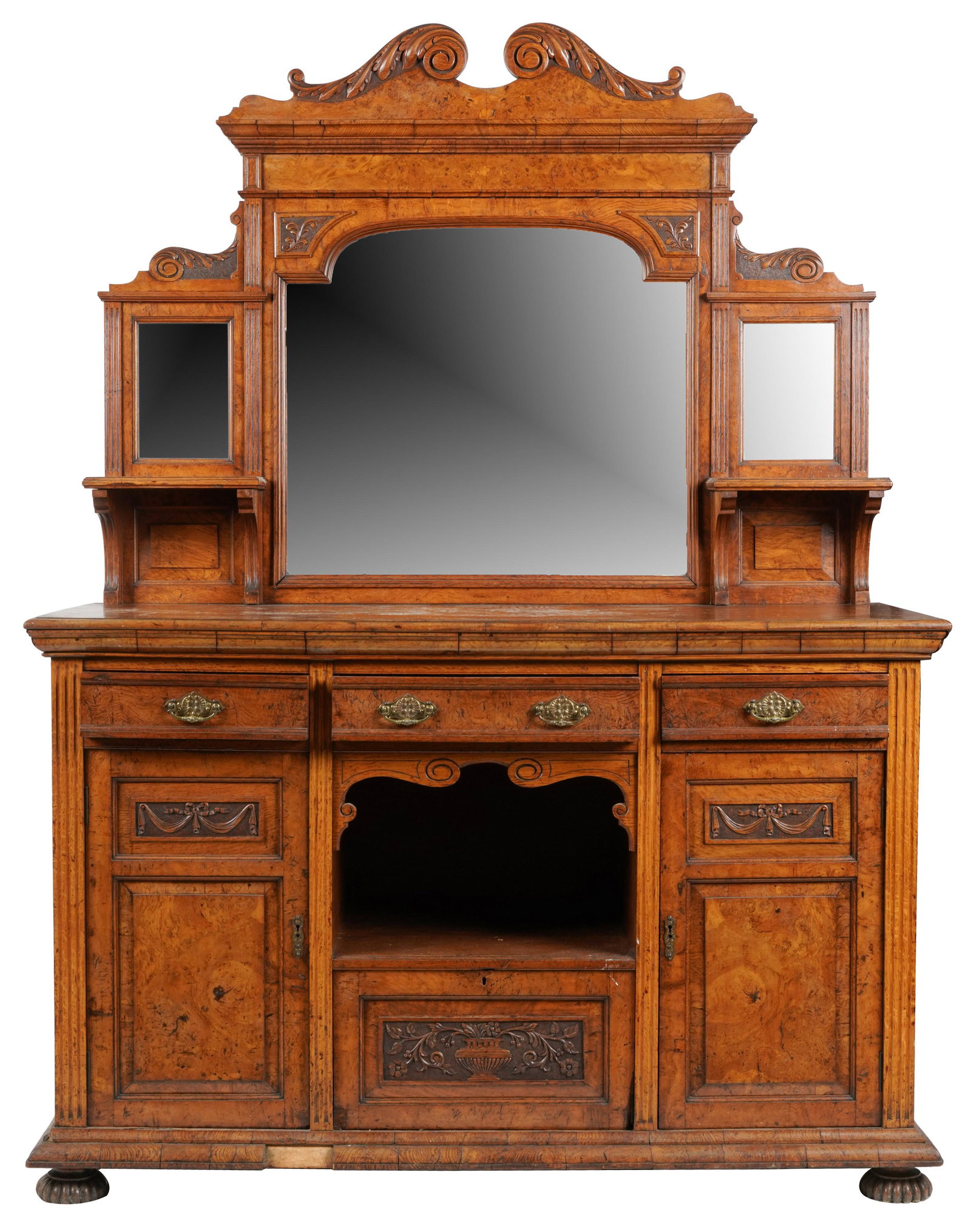 Connie Stevens- American Carved Mirrored Buffet: late 19th century; burl wood and oak; constructed in two parts 81 x 60 1/4 x 24 in. (205.7 x 153 x 61 cm.)