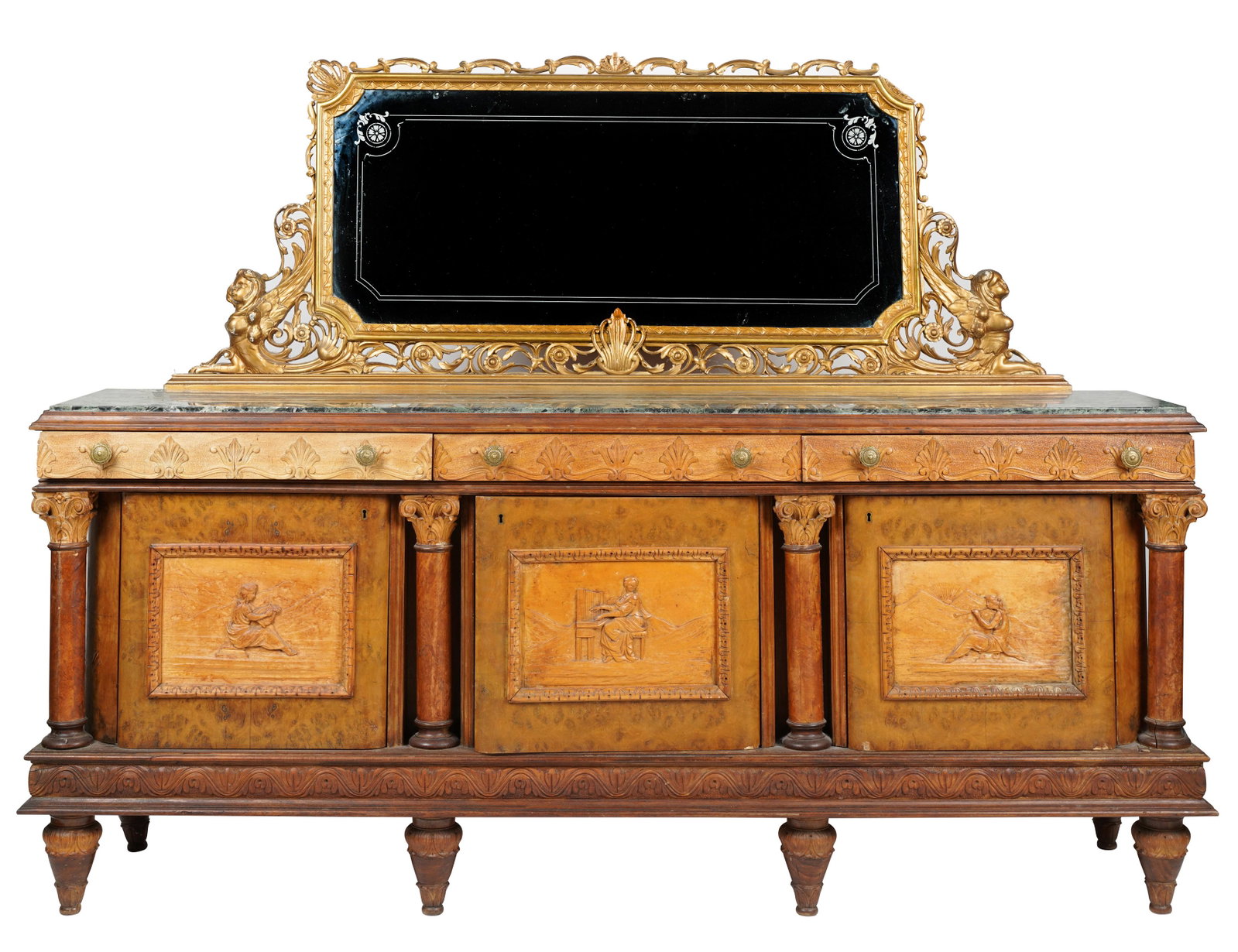 Connie Stevens- American Carved Oak and Burl Marble-Top Mirrored Sideboard: late 19th century 67 x 89 x 23 in. (170.2 x 226.1 x 58.4 cm.)