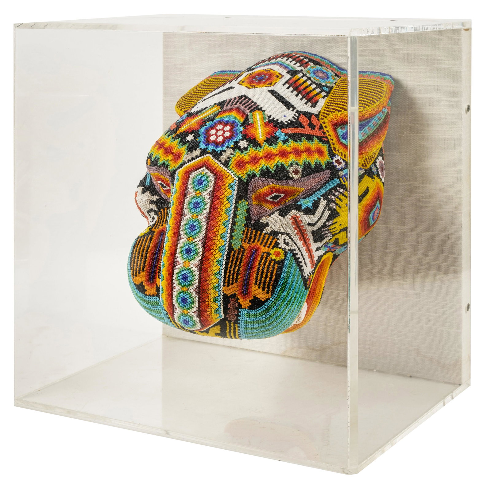 Connie Stevens- Beaded Sculpture of an Animal Head: mounted to backing, in acrylic case; unsigned the case: 13 1/2 x 13 1/2 x 10 1/4 in. (34.3 x 34.3 x 26 cm.)