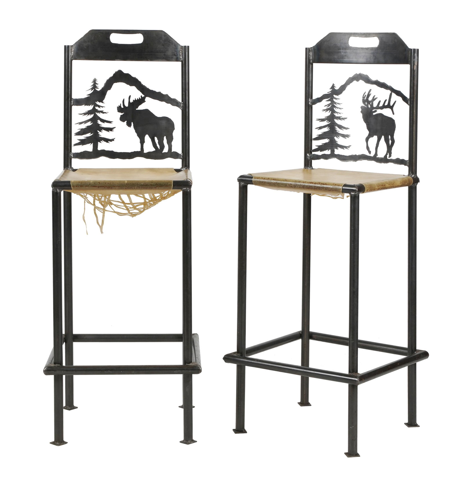 Connie Stevens- Pair of Iron Barstools: each backrest with stag and pine tree motif 47 3/4 x 18 x 18 in. (121.3 x 45.7 x 45.7 cm.), seat height: 30 1/2 in. (77.5 cm.)