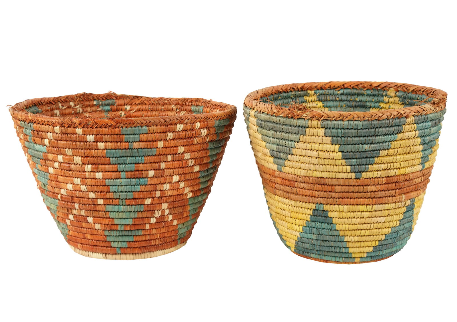 Connie Stevens- Two Polychrome Coiled Baskets: each approximately: 8 1/2 x 11 1/2 in. (21.6 x 29.2 cm.)