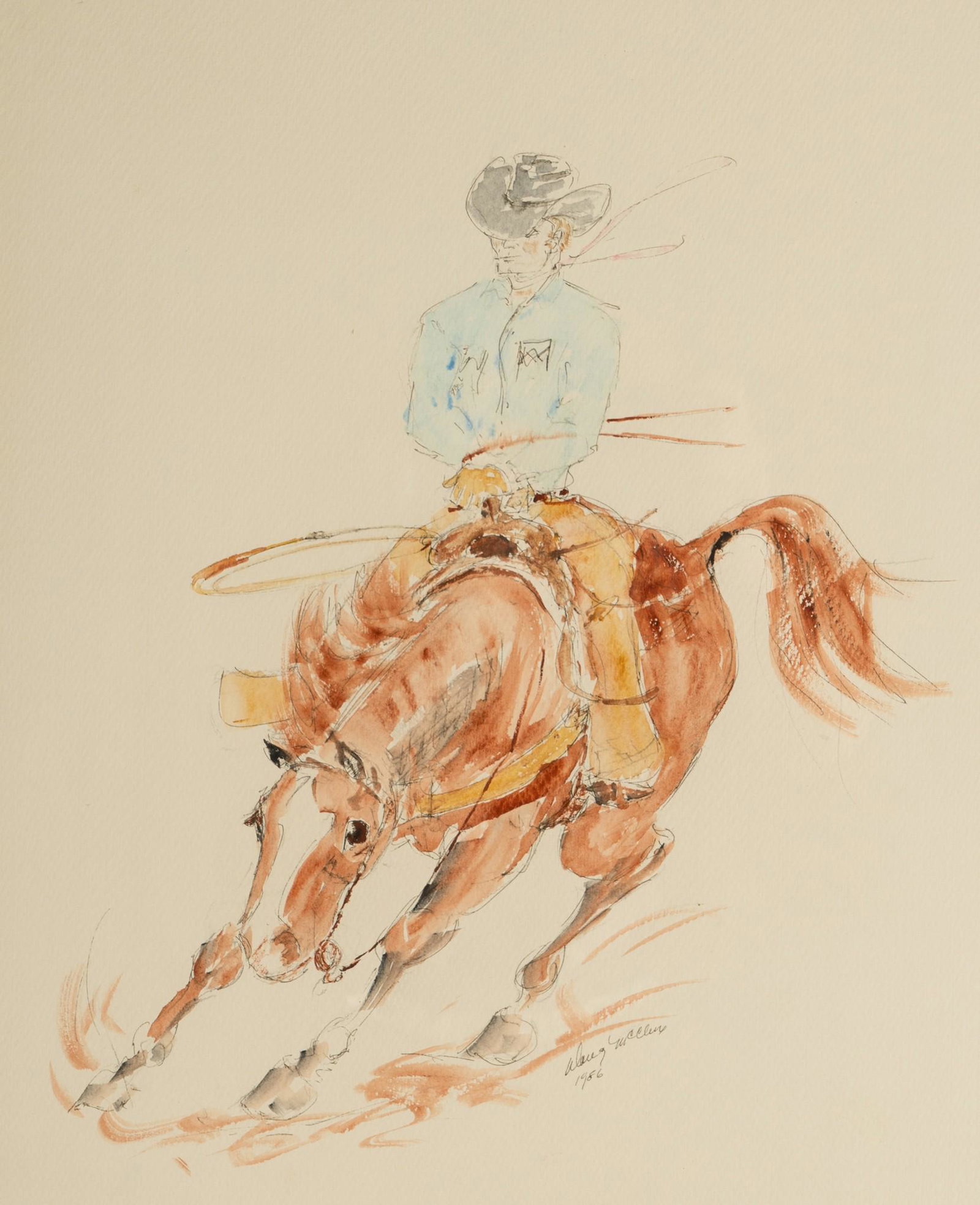 Connie Stevens- Doug McClure (20th Century): Cowboy on Horseback: 1986; watercolor on paper, matted, framed and glazed; signed and dated lower right; Doug McClure boyfriend to Connie in the 60's Sight: 20 x 16 in. (50.8 x 40.6 cm.), Frame: 31 x 27 in. (78.7 x 68.6 c
