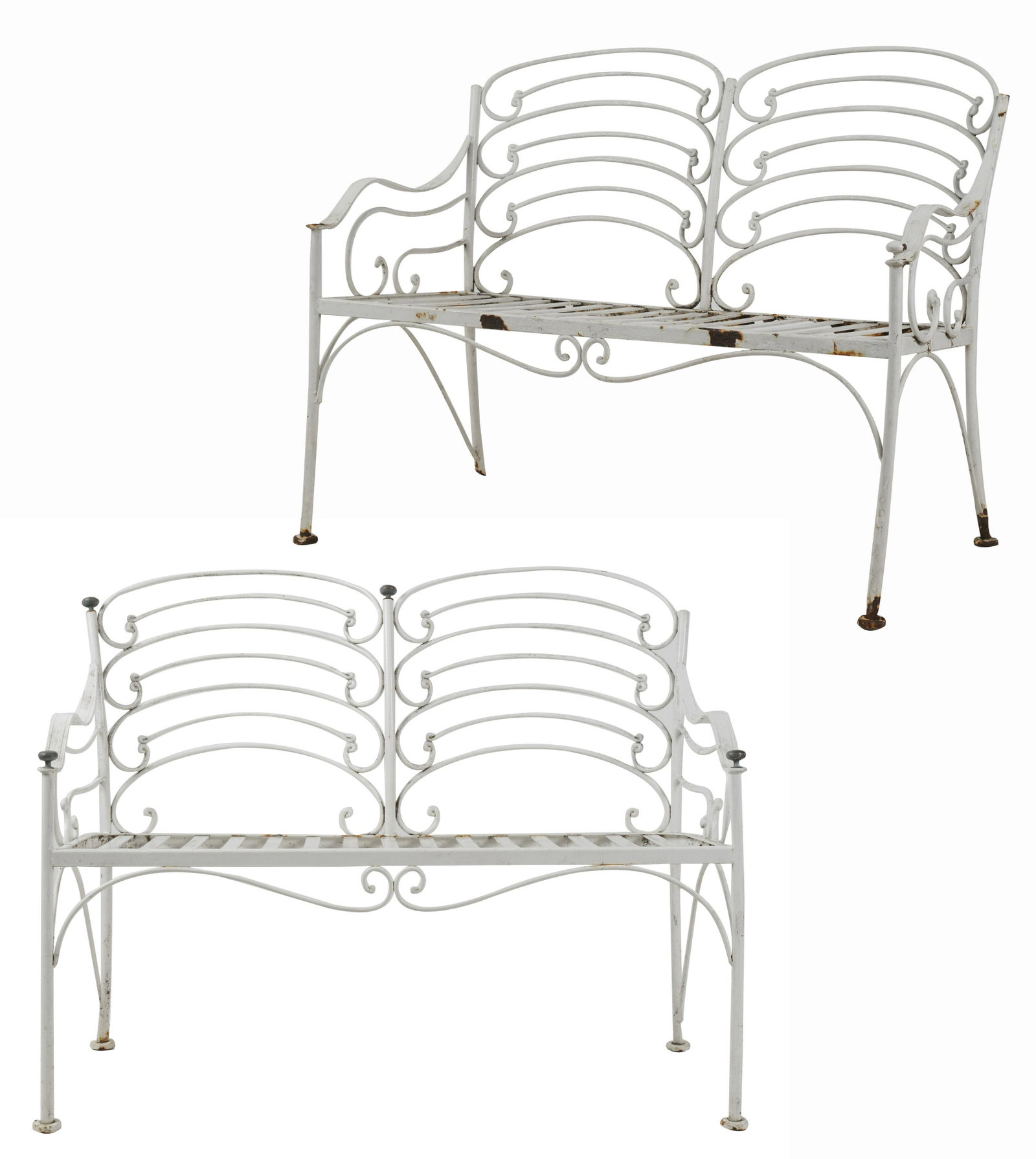 Connie Stevens- Pair of White-Painted Iron Garden Benches: 33 x 43 1/2 x 28 in. (83.8 x 110.5 x 71.1 cm.), seat height: 17 1/4 in. (43.8 cm.)